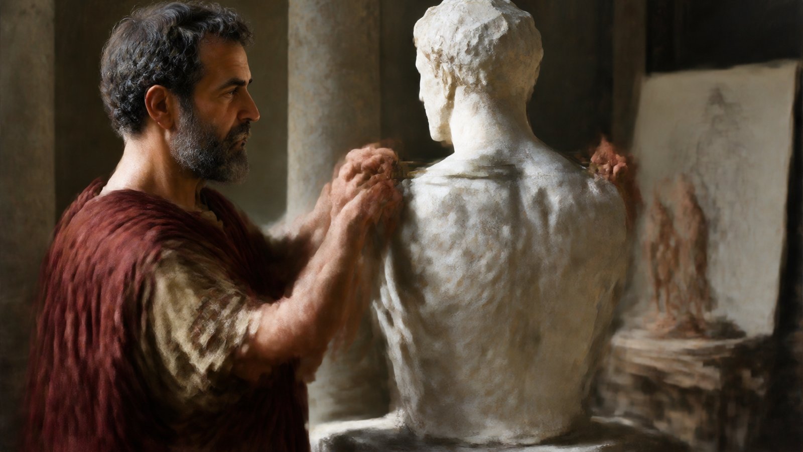 In a daylight stone workshop, calliper points compare the two shoulders of an emerging generic Roman statue beside chisels and pale dust.