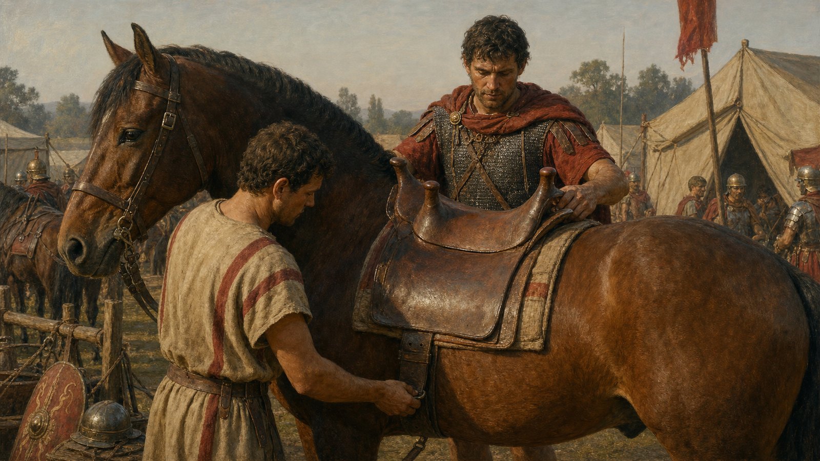 A four-horn Roman saddle was shaped around the rider’s thighs; the rigid tree, leather covering and adjustable girths had to fit the horse as carefully as the soldier.