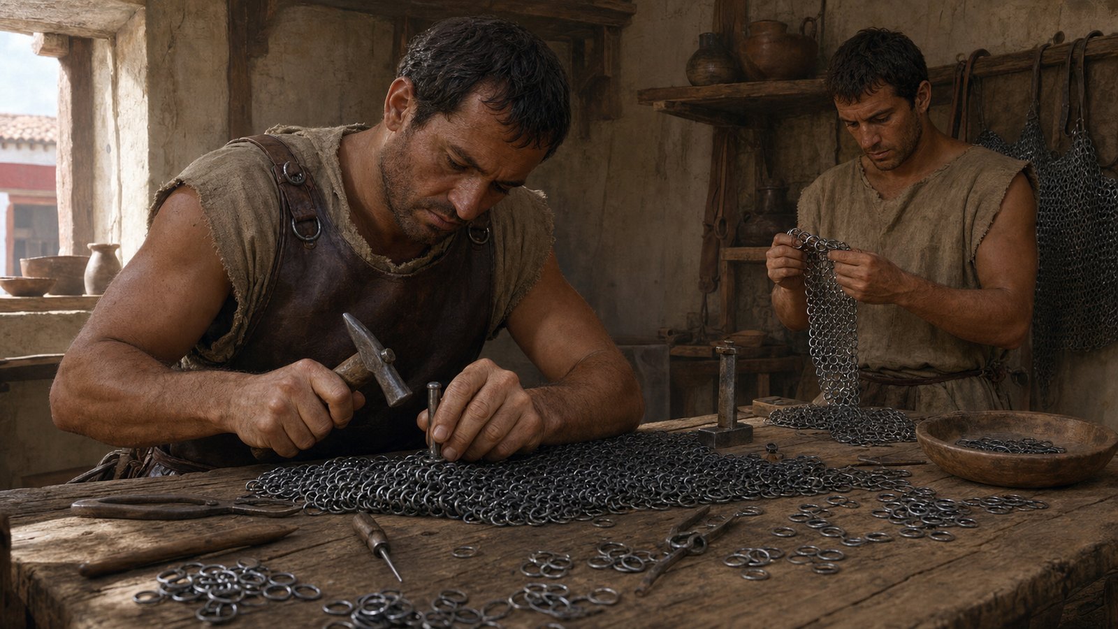 An armorer closed tiny riveted rings into a repeating mesh; each link had to join its neighbors without leaving an open seam or sharp snag.