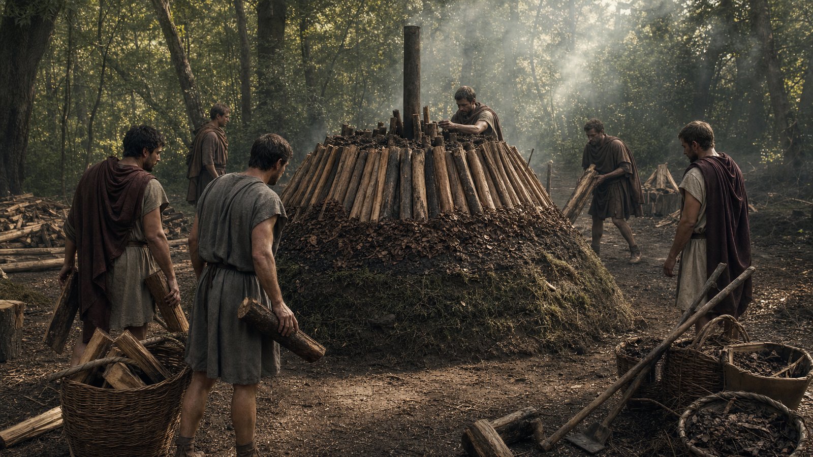 Charcoal makers arrange split wood into a dense mound around a central draft channel before sealing it.