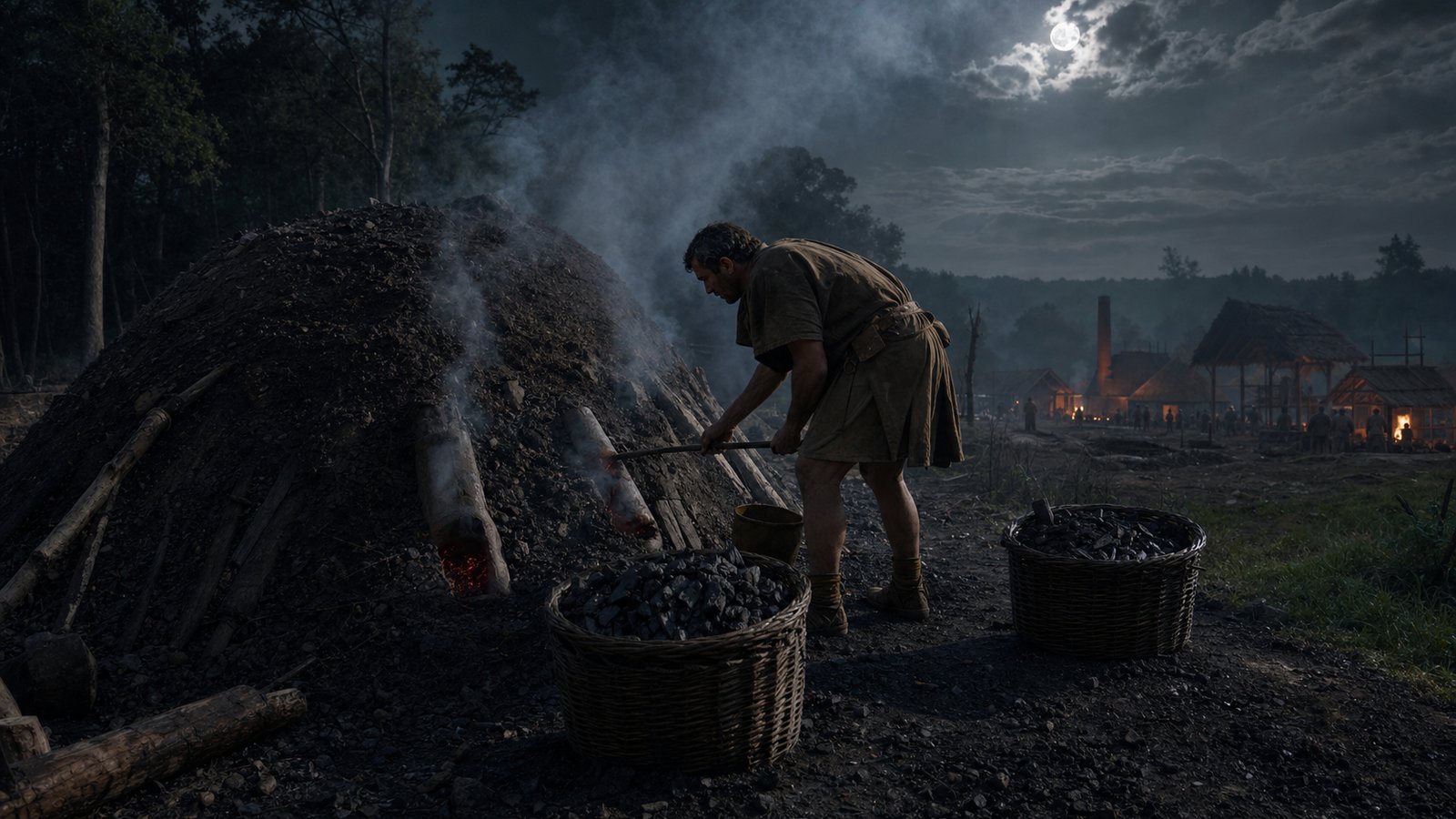 A burner tends small vents as smoke reveals the hidden carbonization front beneath earth and turf.