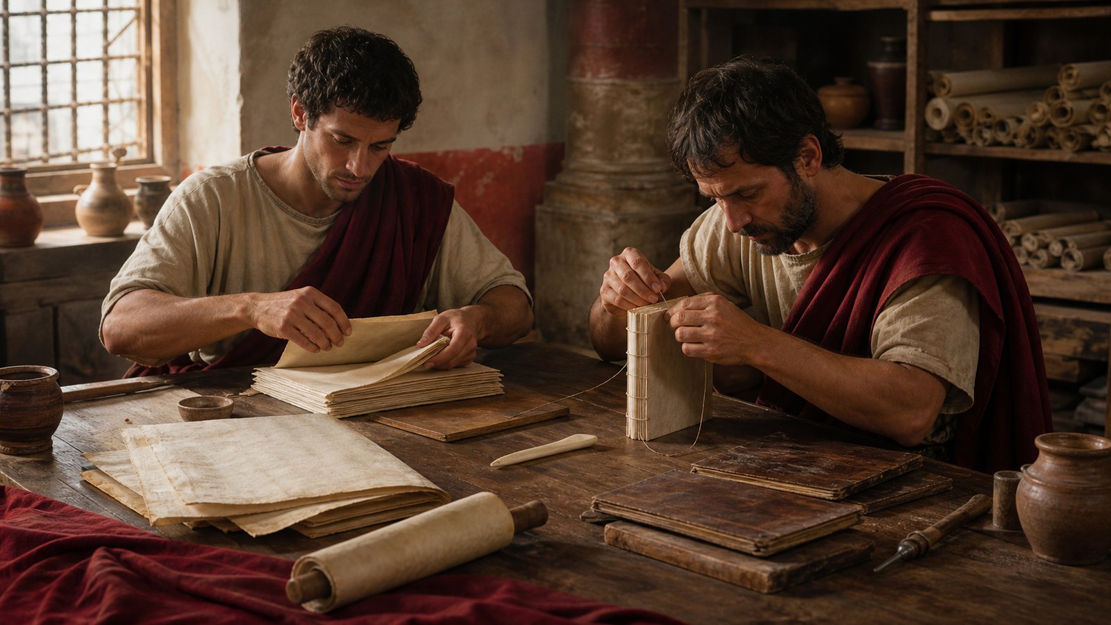 A Roman bookbinder folds written sheets into quires and sews them along one edge while a finished scroll lies beside the new form.