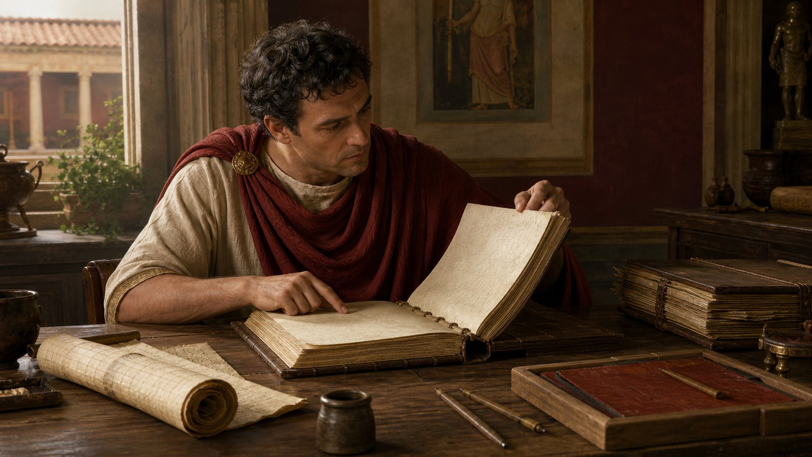 A reader holds one place in an open codex while turning a block of leaves toward a distant passage for comparison.