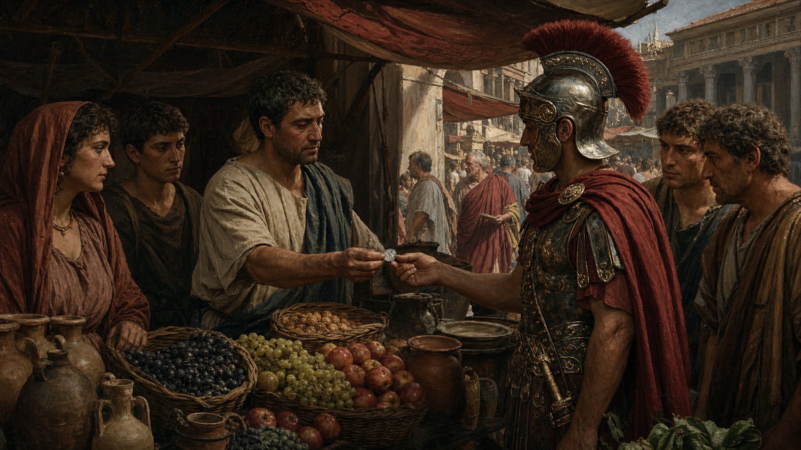Romans exchanging a coin in a market