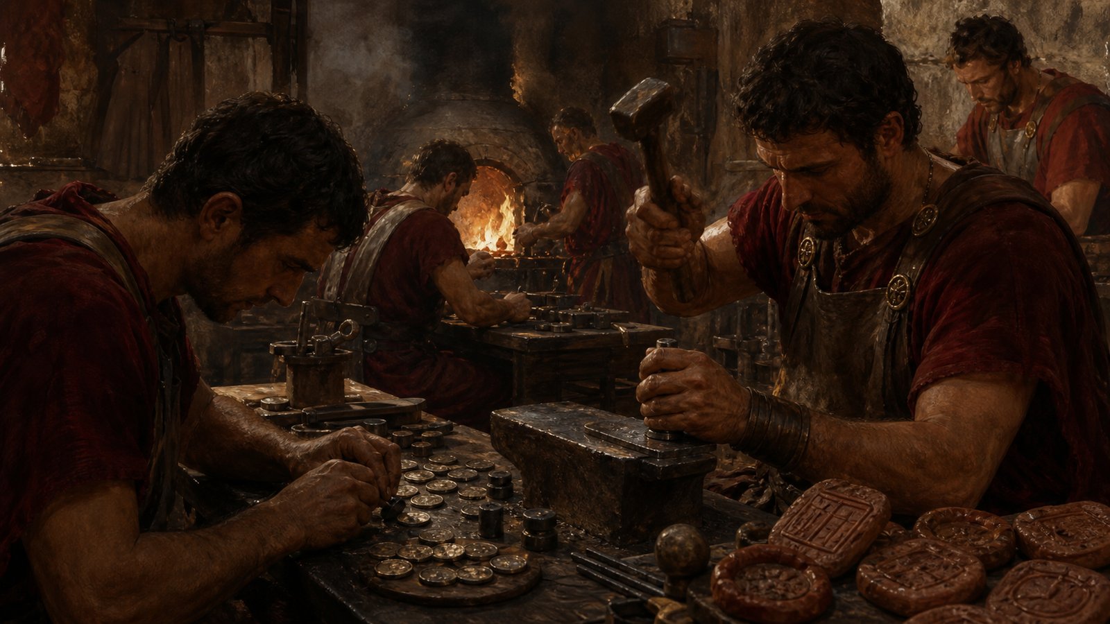 Roman mint workers striking coins