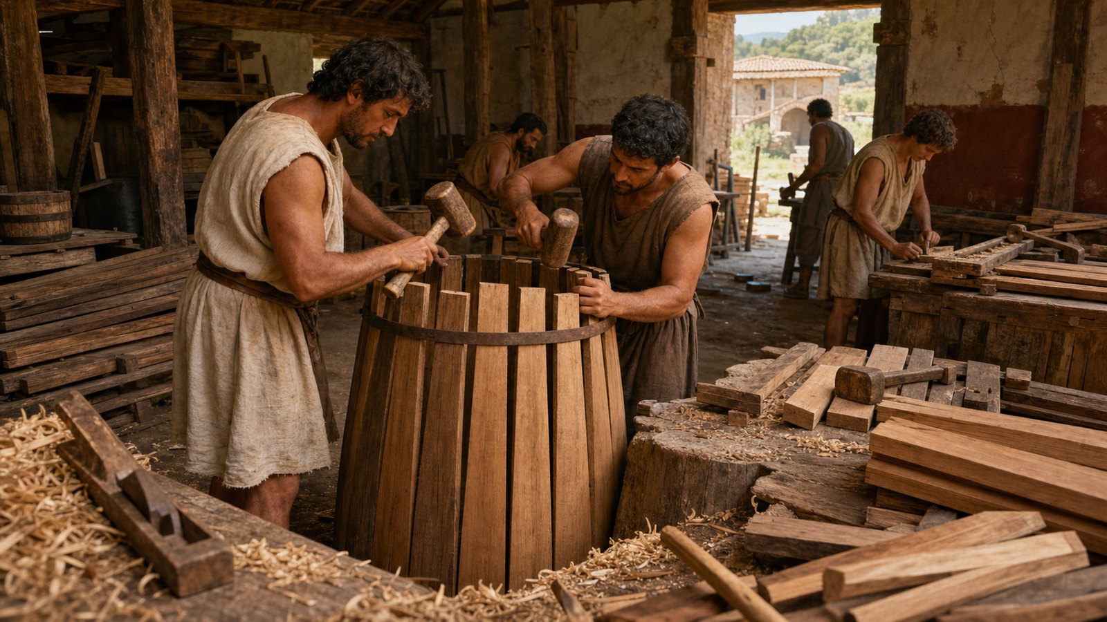 A cooper raises tapered staves inside a temporary hoop, checking every edge as the wooden shell closes.