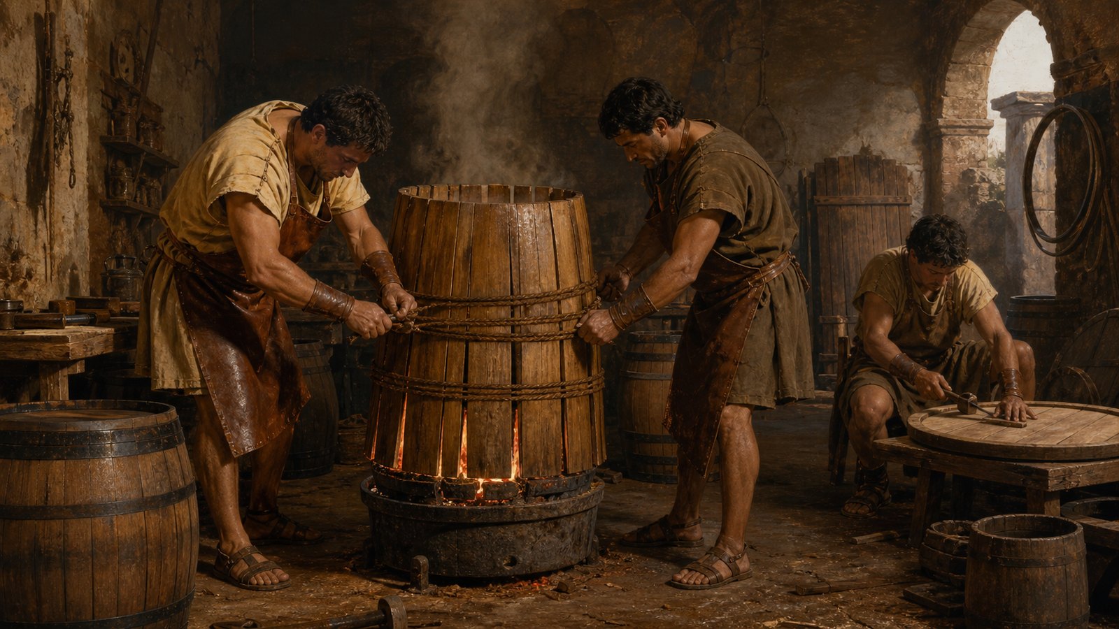 Workers warm and draw the open stave ends inward before fitting heads and driving the final hoops tight.