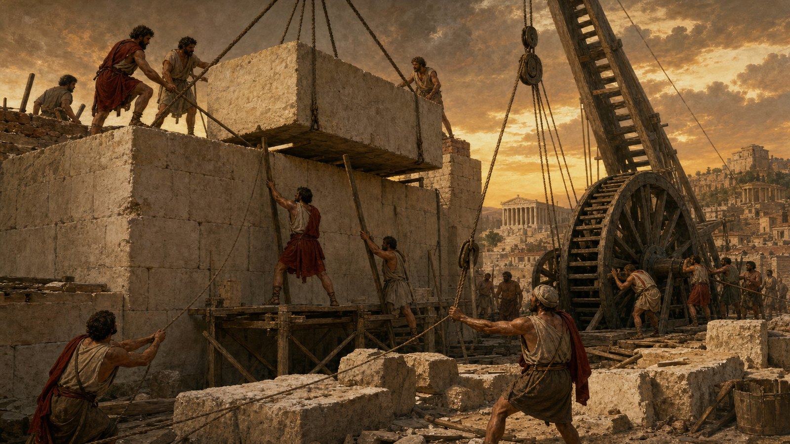 At the wall, guide ropes and levers mattered as much as raw lifting power because the stone still had to land precisely.