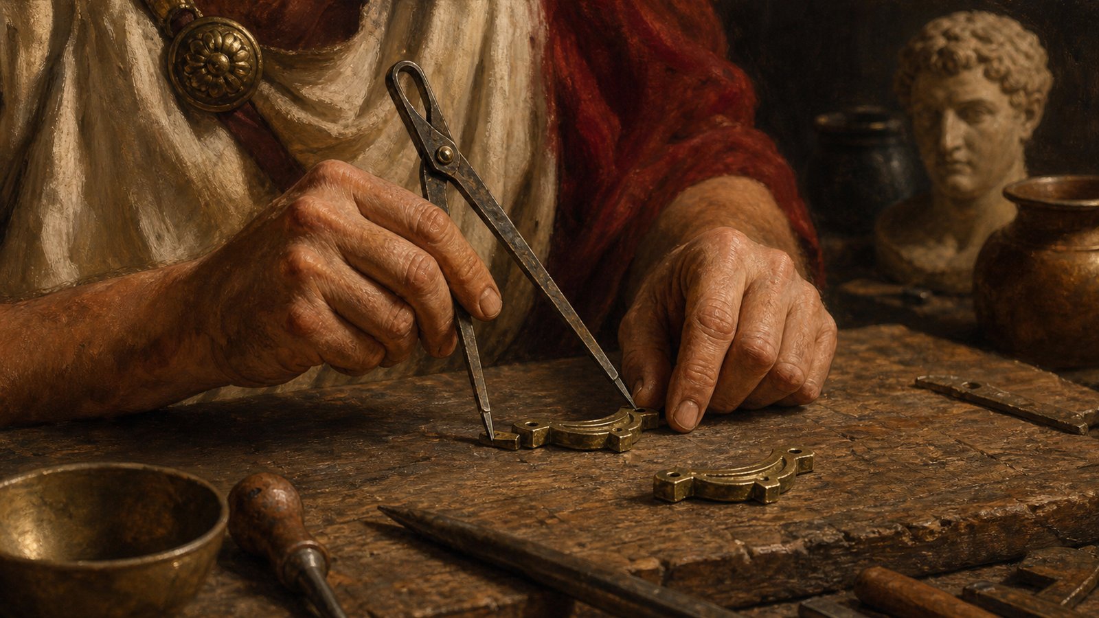 A Roman craftsperson sets compact copper-alloy dividers against the span of a small metal fitting.