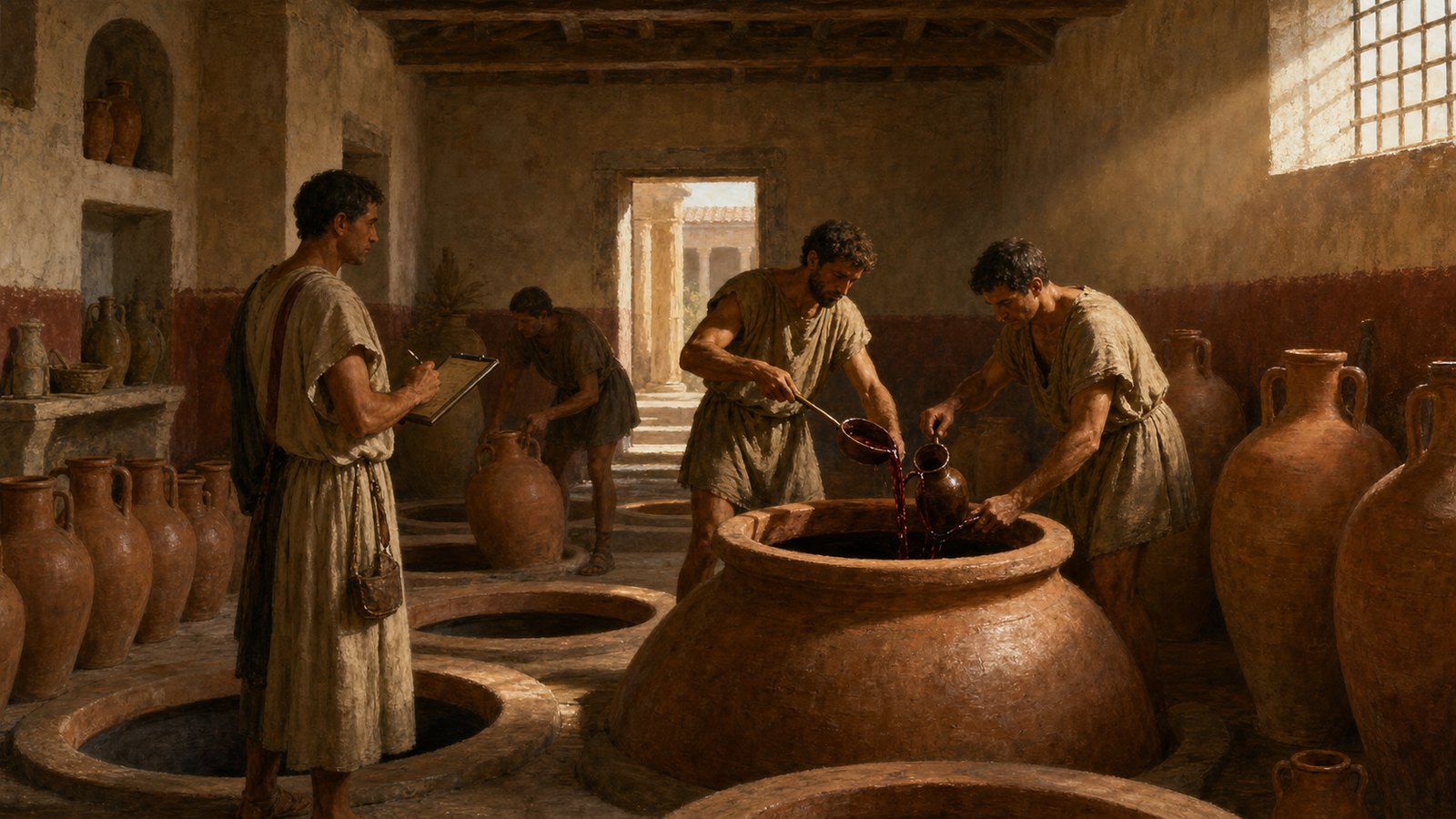 Floor-set dolia held bulk wine while smaller amphorae waited to carry selected portions away.