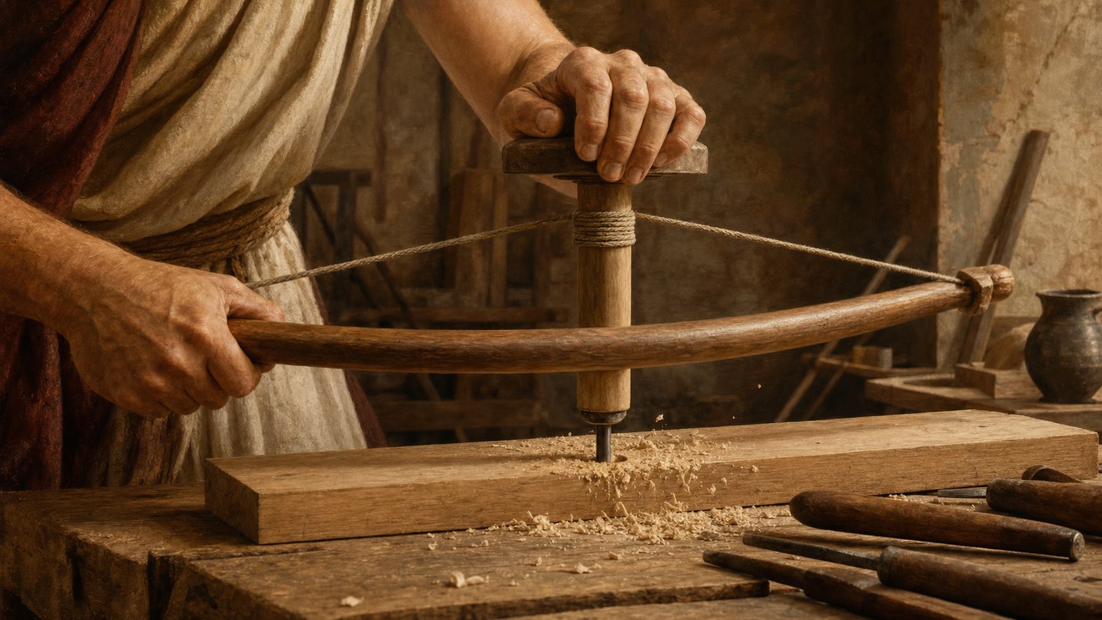 A Roman craftsperson steadies a wrapped-cord drill as the bow stroke spins its shaft into timber.