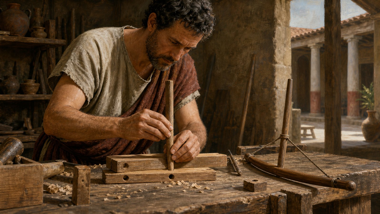 A drilled joint receives its wooden peg while the compact bow drill rests beside the fresh shavings.
