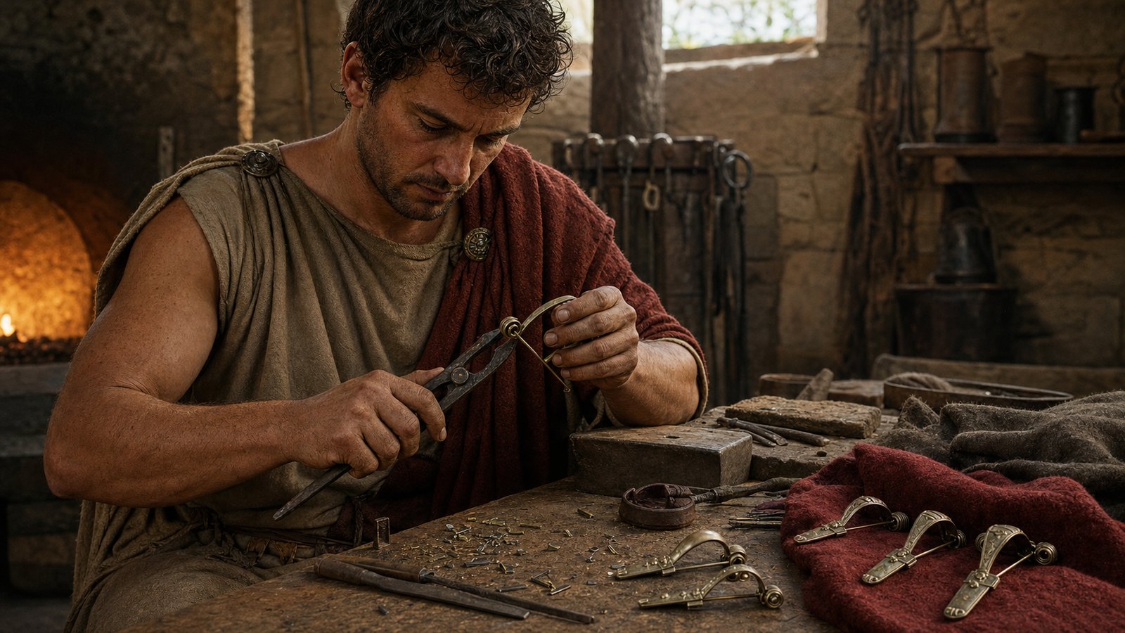 A fibula maker aligned spring, pin and catch before decoration; the smallest error could turn a garment fastening into a loose point against the wearer.