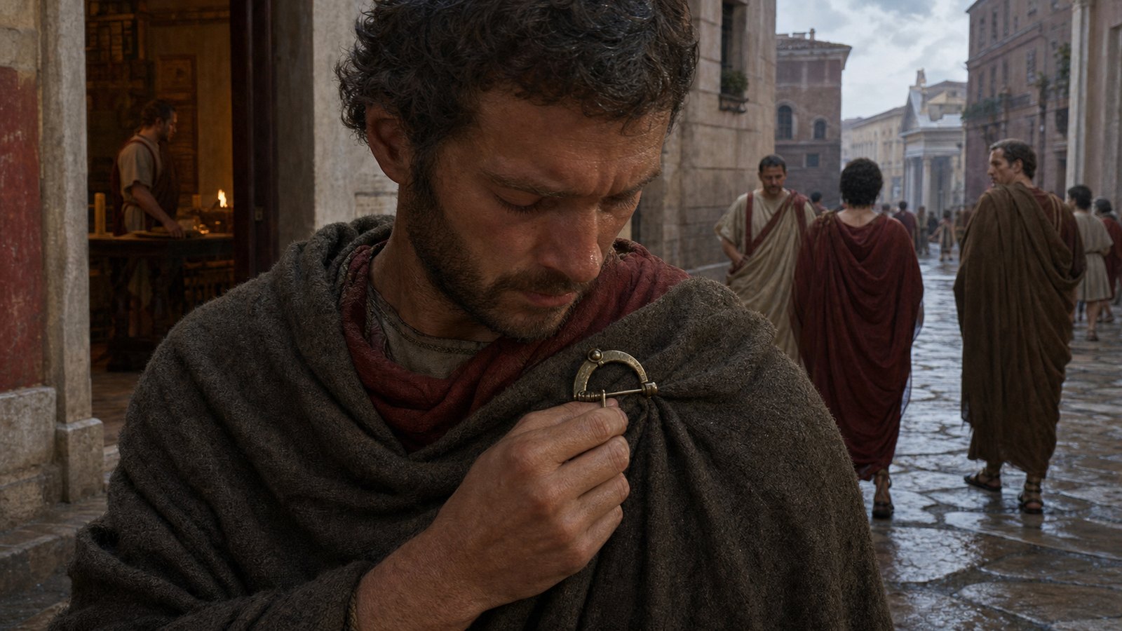 On a damp street, a shoulder brooch carried the pull of heavy wool while its exposed bow made practical dress technology part of public appearance.