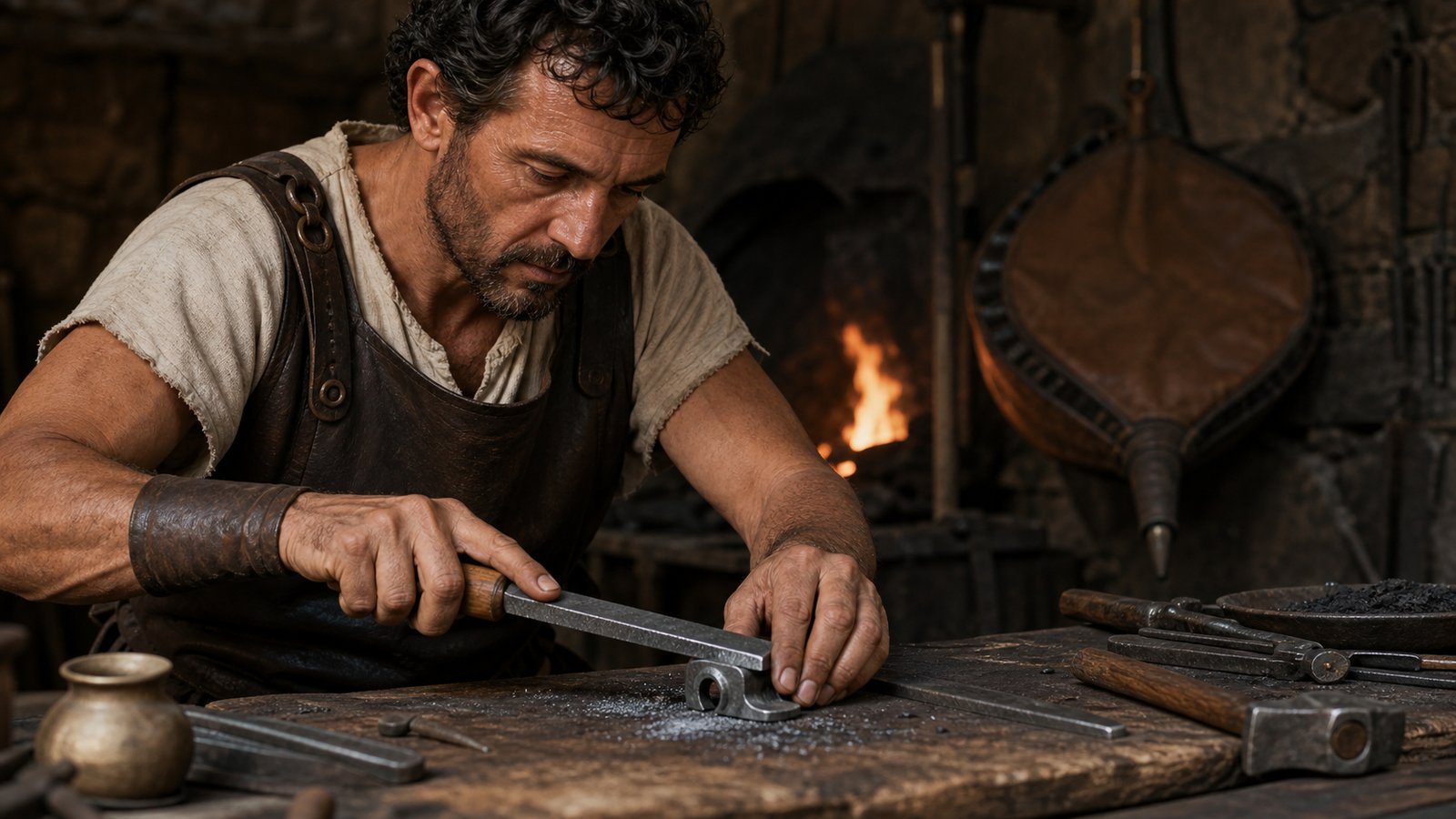 A Roman craftsperson braces a small iron fitting and guides a square-section file across one bright high spot.