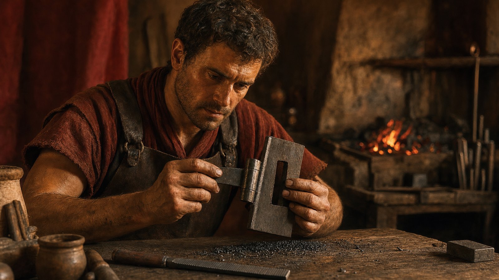 Fine filings gather on a workbench as repeated trials bring a forged component into a close-fitting opening.