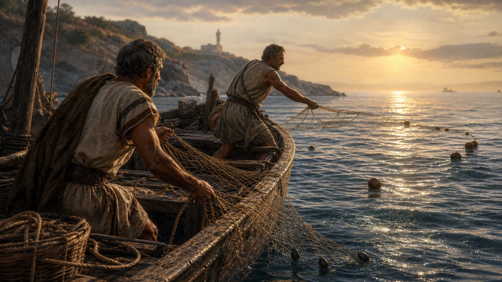 A Roman coastal crew draws a weighted net beside a small boat, with cork floats marking the surface and sinkers holding the mesh below.