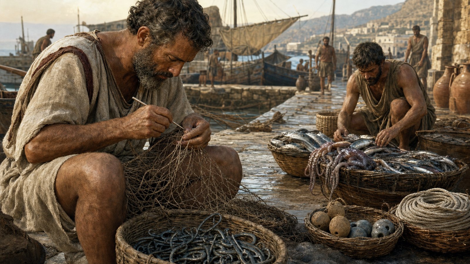 A fisherman repairs mesh beside hooks, line, floats, weights, and a sorted catch on a working Mediterranean quay.