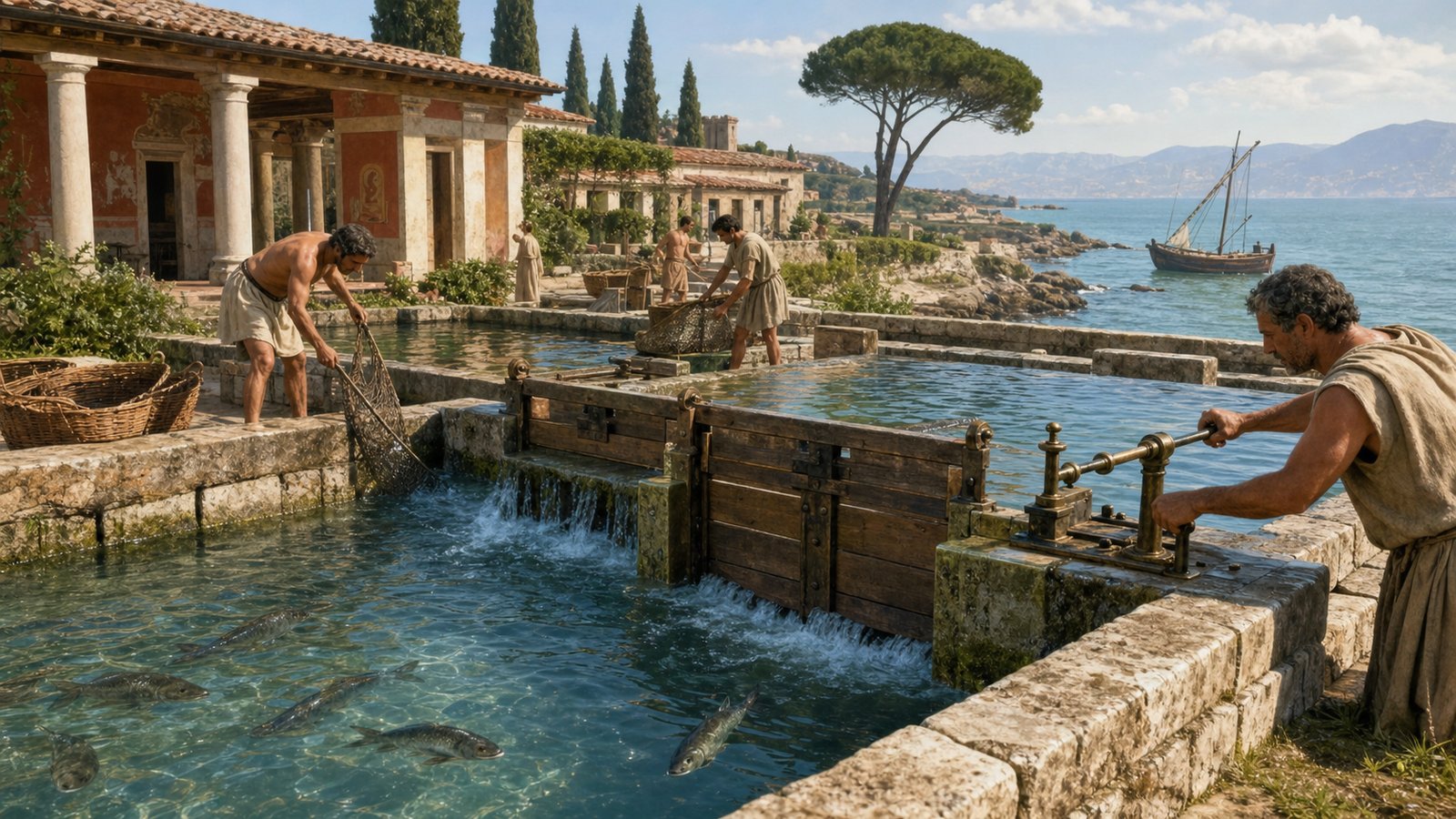 Coastal piscinae needed channels, gates and daily observation; living stock turned water quality and maintenance into visible estate management.