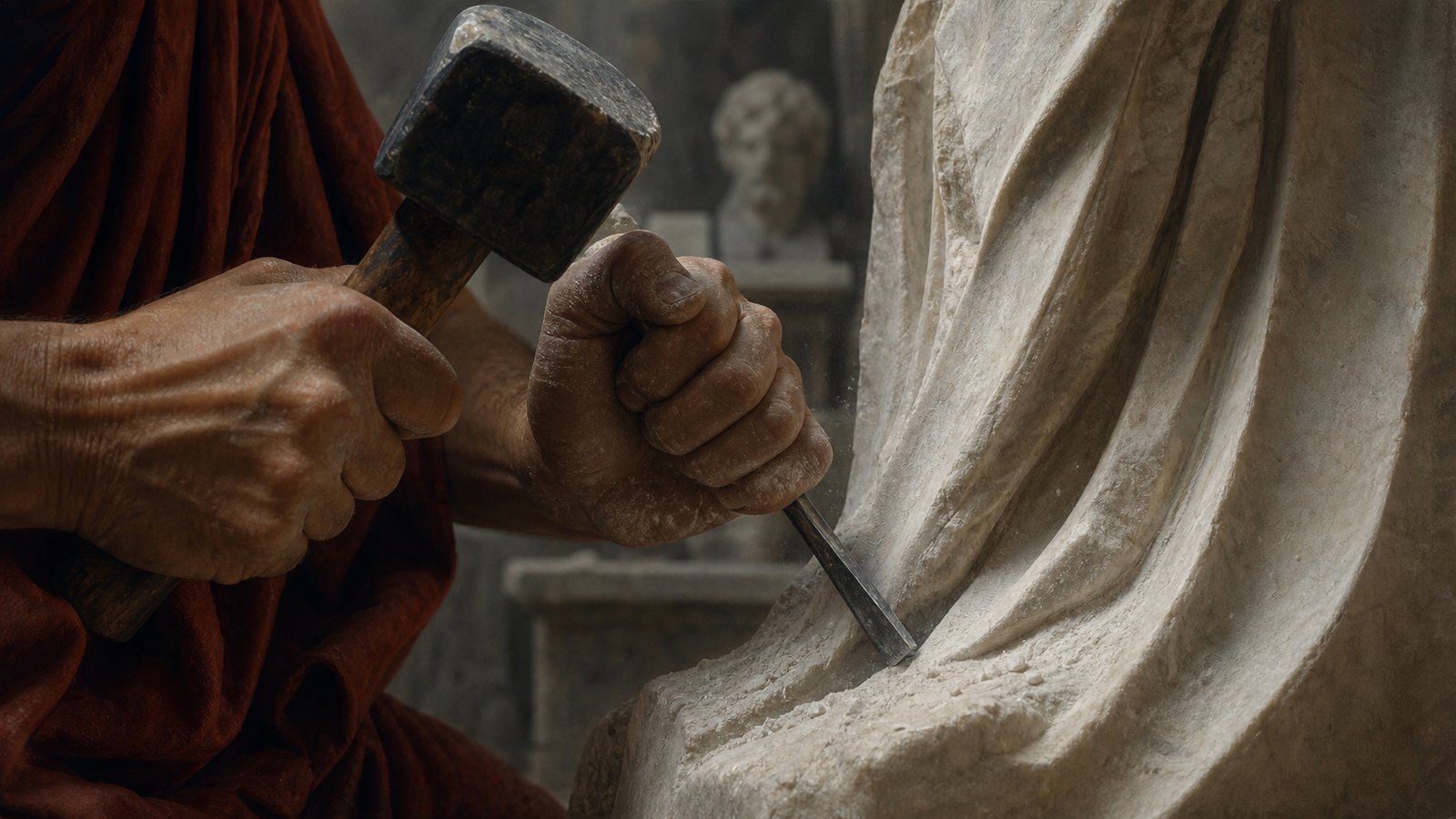 A Roman sculptor drives a narrow fishtail chisel into a deep marble drapery fold, with the neck visibly slim from above and robust in side profile.