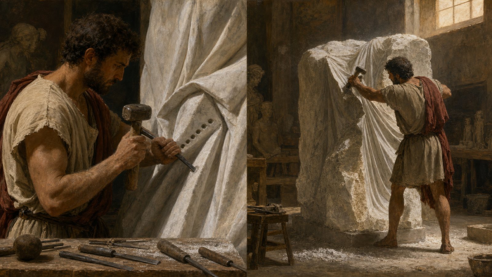Workshop close-up compares a narrow struck channel with adjacent drill holes in generic Roman stone drapery, chips cleared from the shadowed recess.