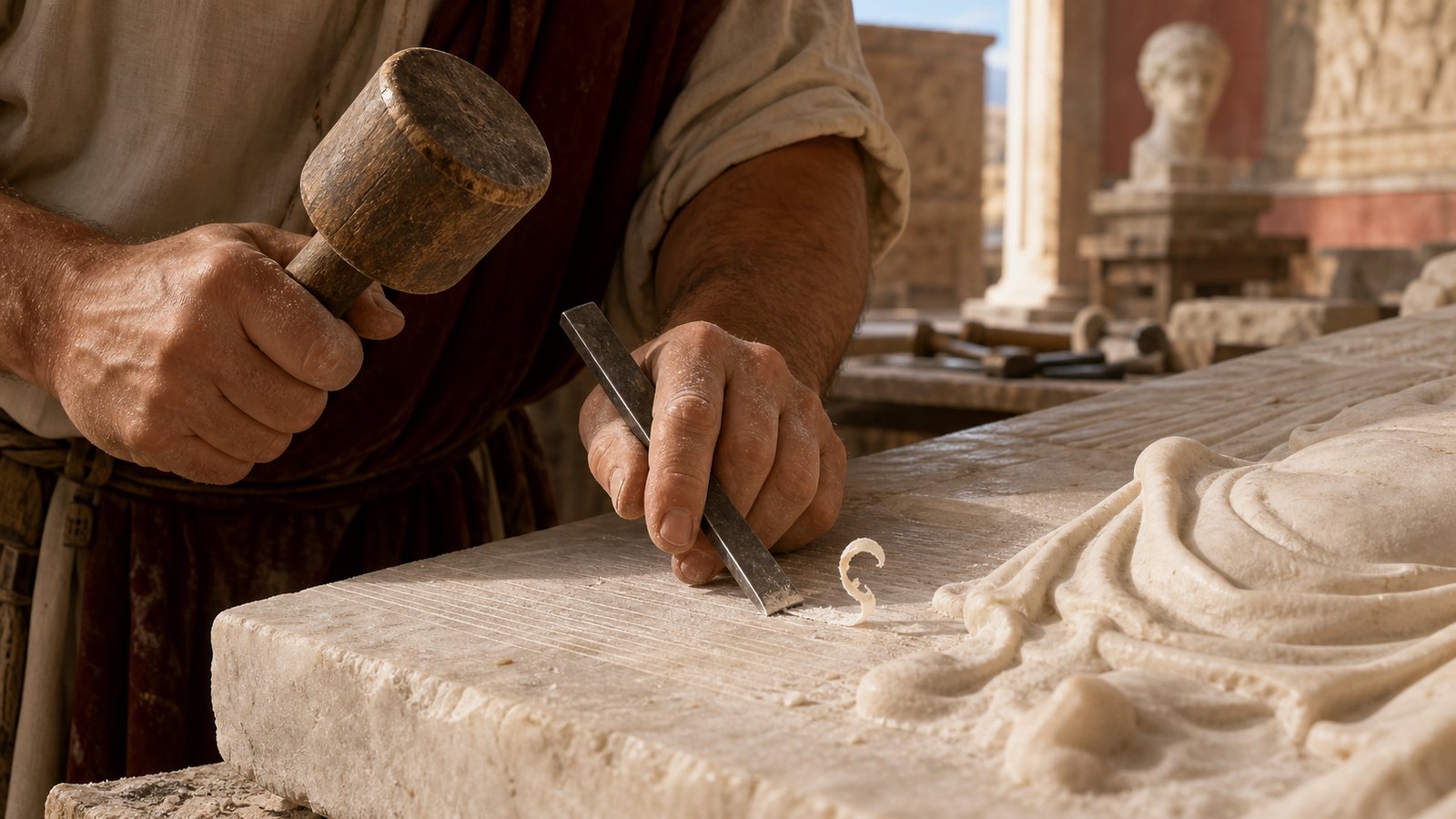 A Roman letter carver holds a narrow flat chisel obliquely while a controlled mallet blow deepens a crisp inscription stroke.