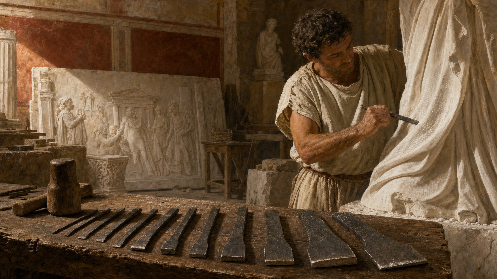 Raking workshop light reveals fine parallel chisel traces across a nearly smooth marble relief beside several differently edged tools.