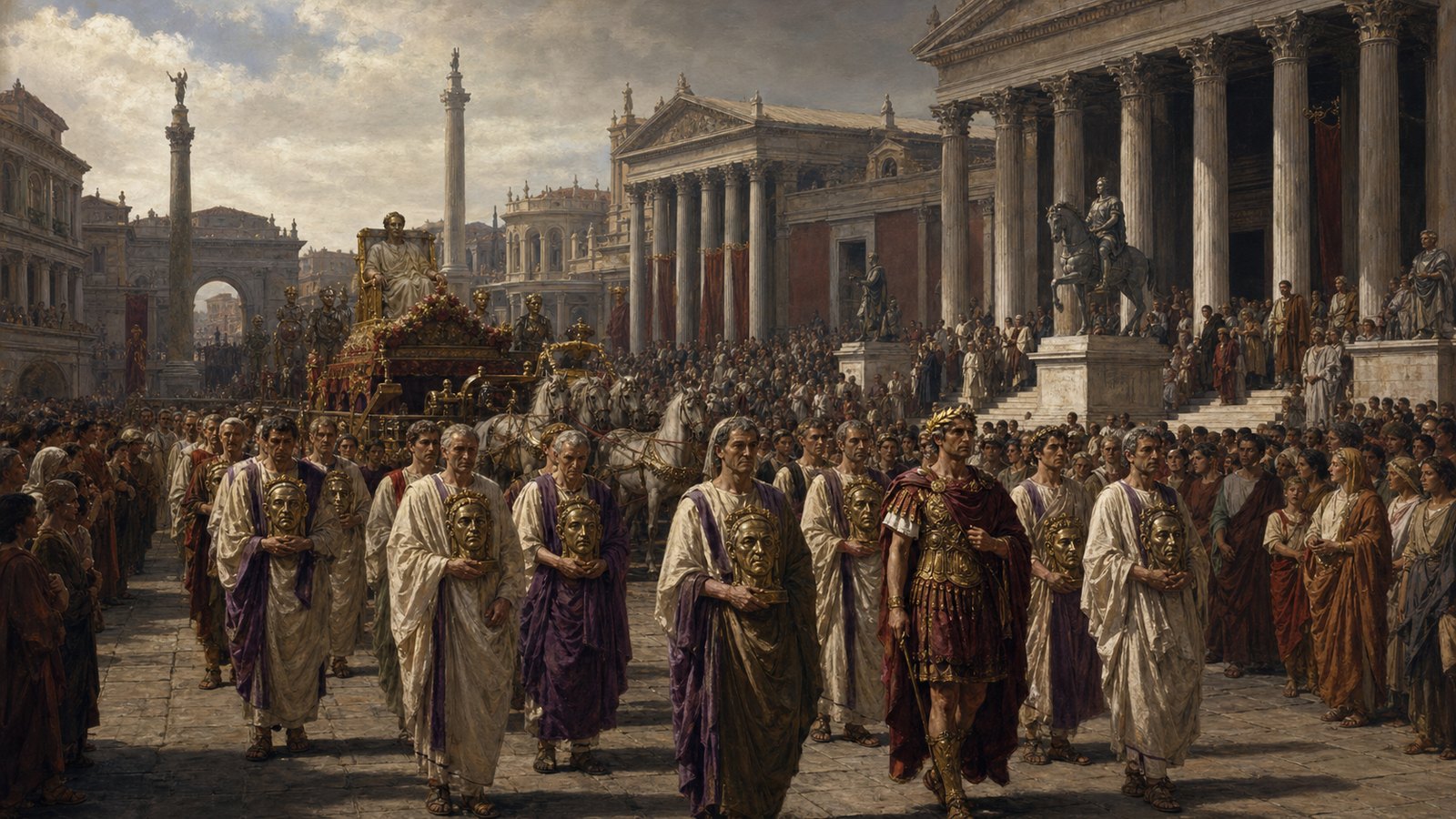 Roman funeral procession carrying wax ancestor masks and magistrates in ceremonial dress