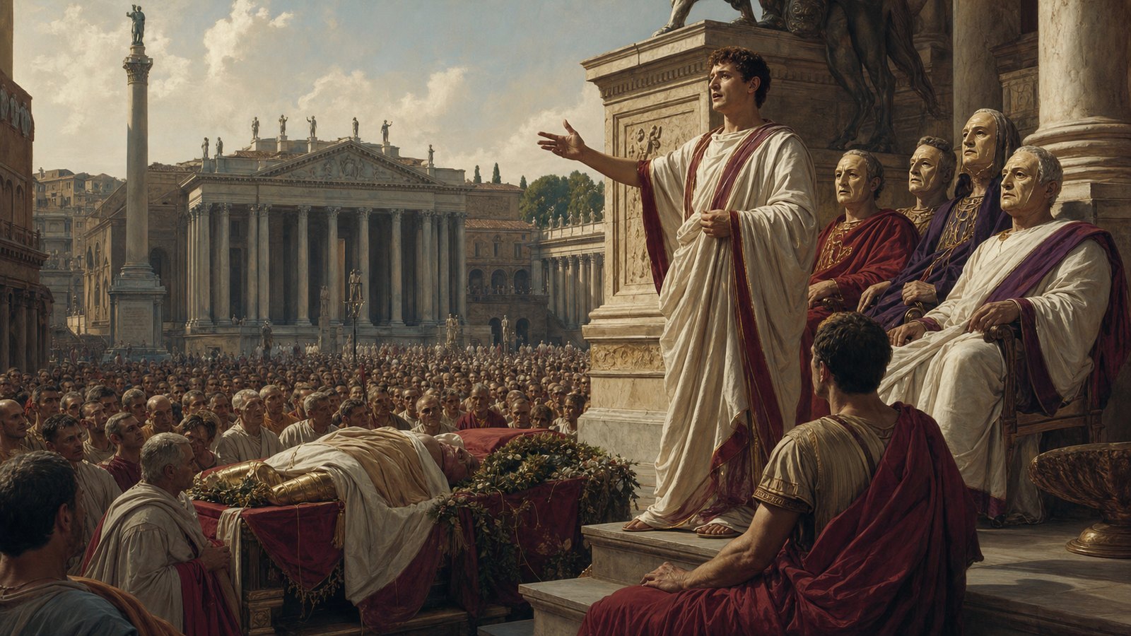 Young Roman orator speaking from the rostra before seated masked ancestors and a Forum crowd