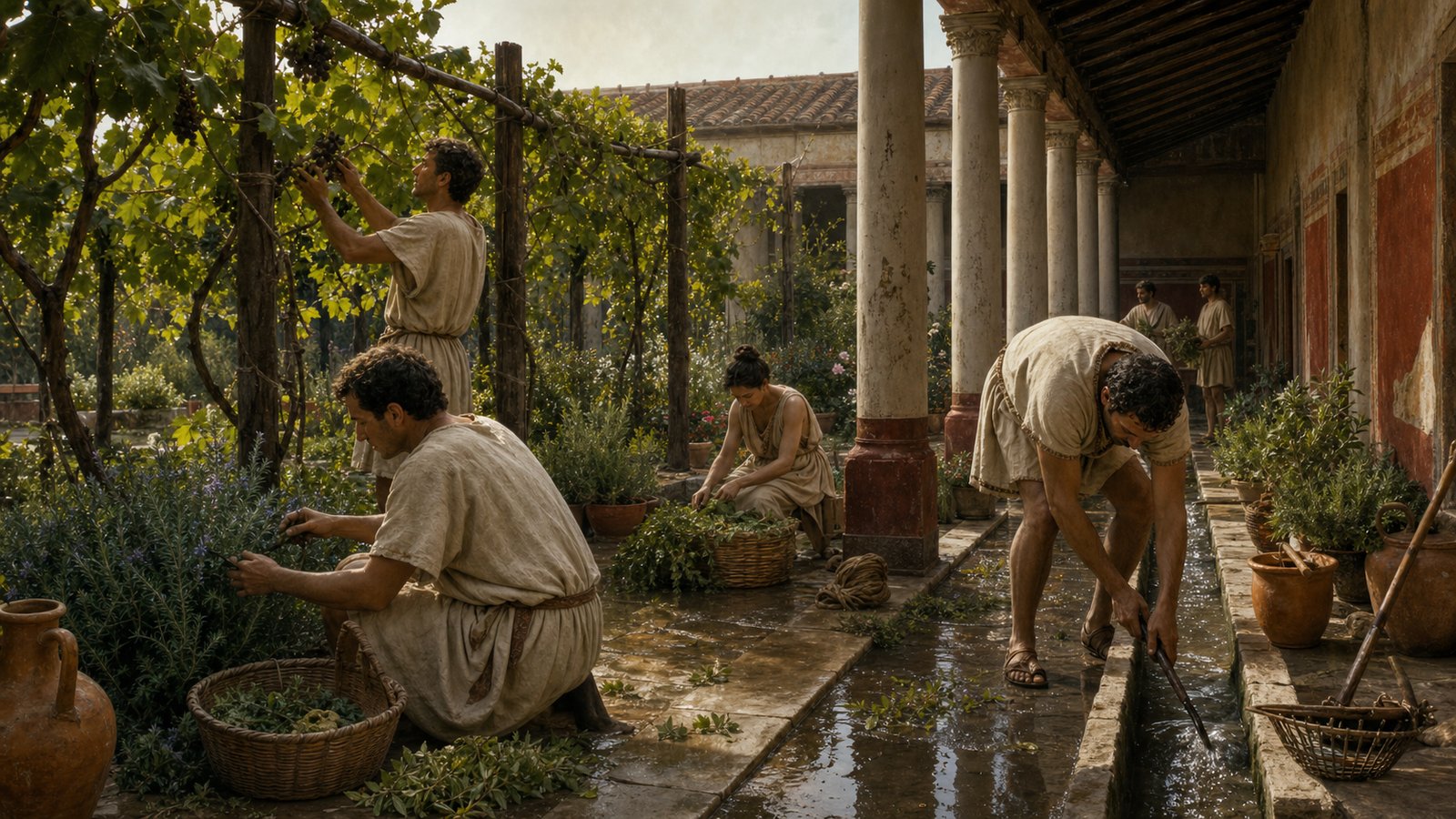 The peristyle garden was maintained like a living workshop: vines were trained, shrubs pruned and water directed before guests encountered the finished view.
