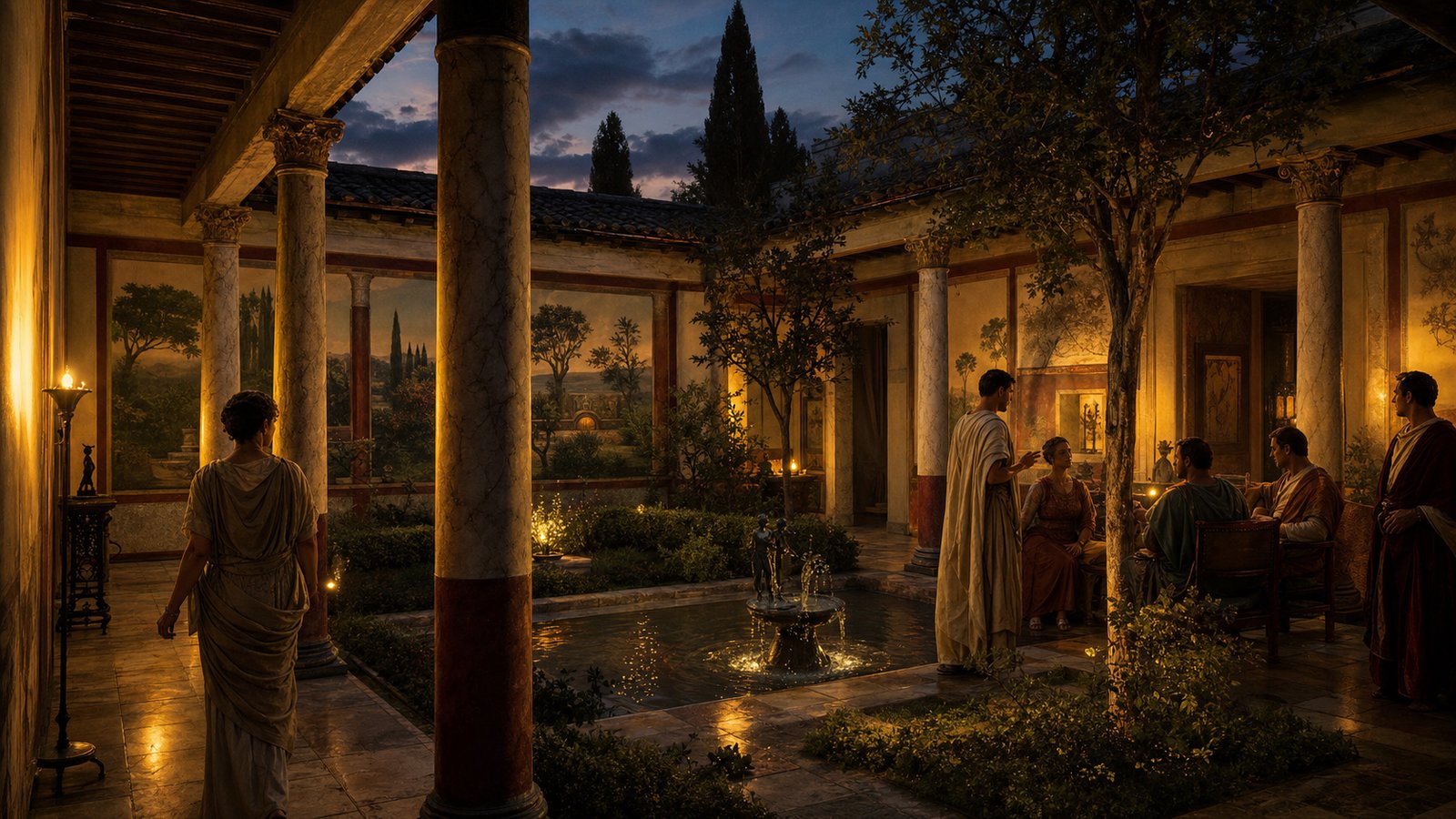 At dusk, columns, lamps, a reflecting pool and painted landscape turned one planted court into a sequence of carefully staged impressions.