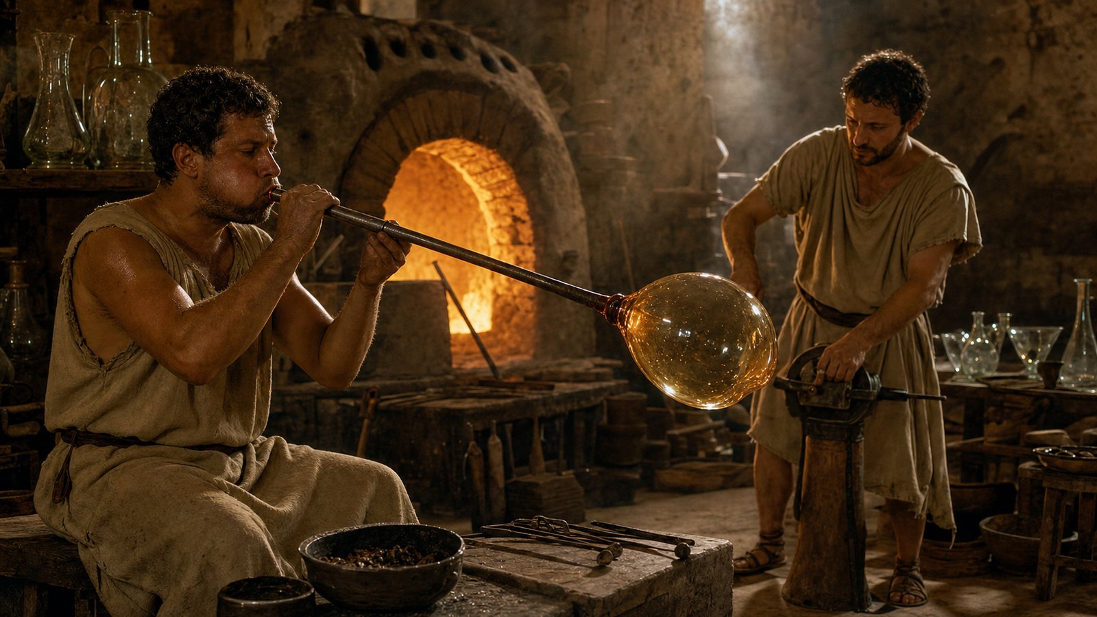 A glassblower inflates a rotating gather before the furnace while an assistant watches the wall expand.