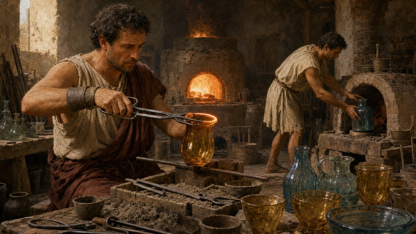 A worker opens and smooths a reheated rim as finished vessels cool away from the fiercest heat.
