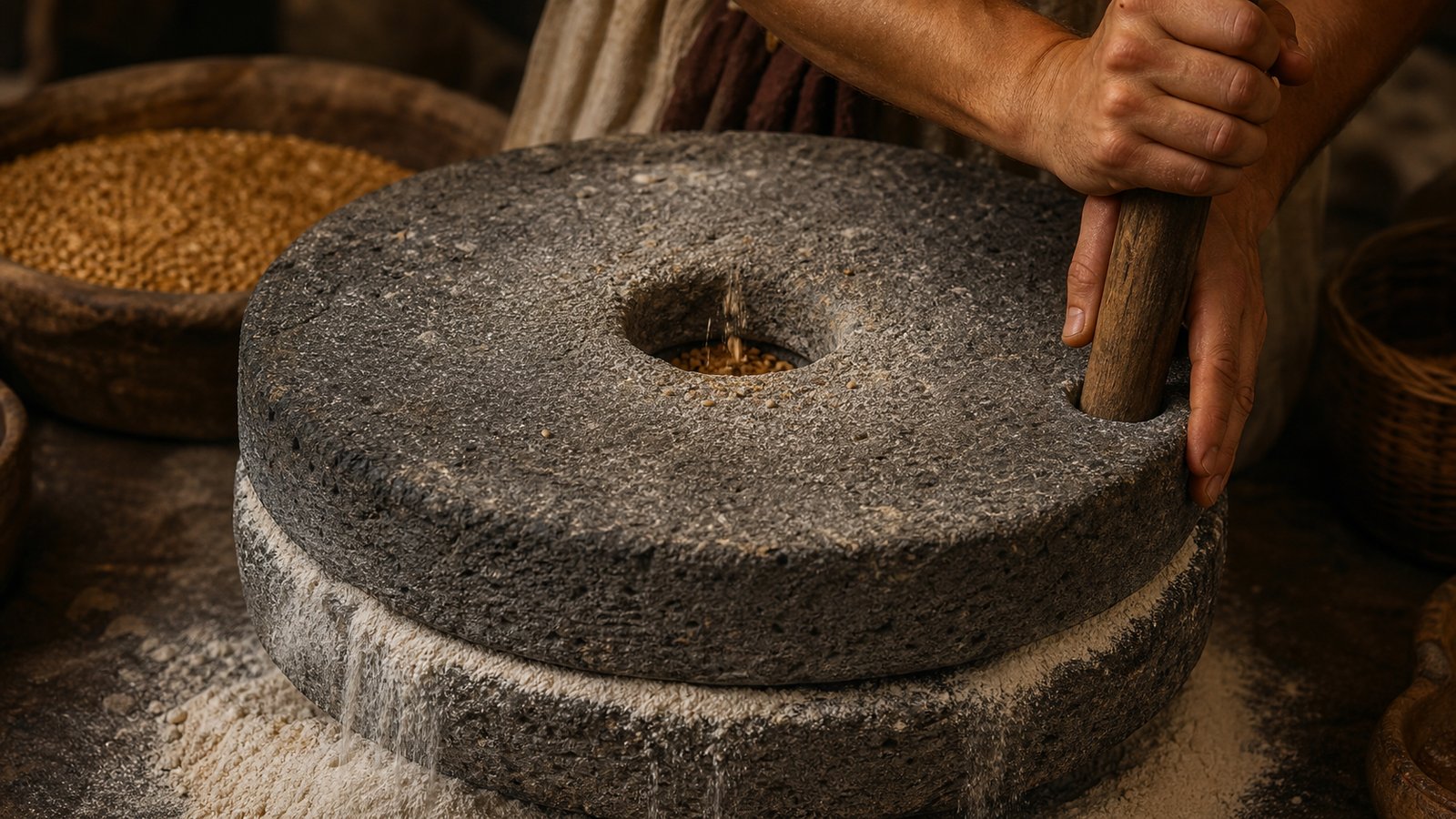 A Roman worker pushes an offset handle while grain enters the open eye of a paired rotary hand quern.