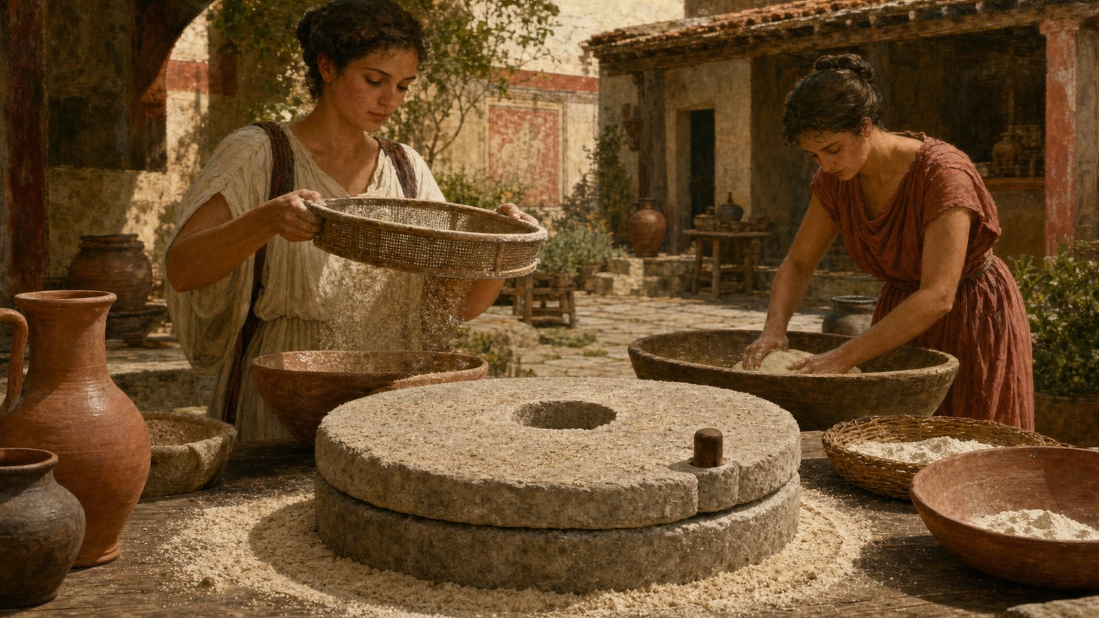 Fresh flour is sifted beside a quern whose separate central feed hole and rim handle organize the work.