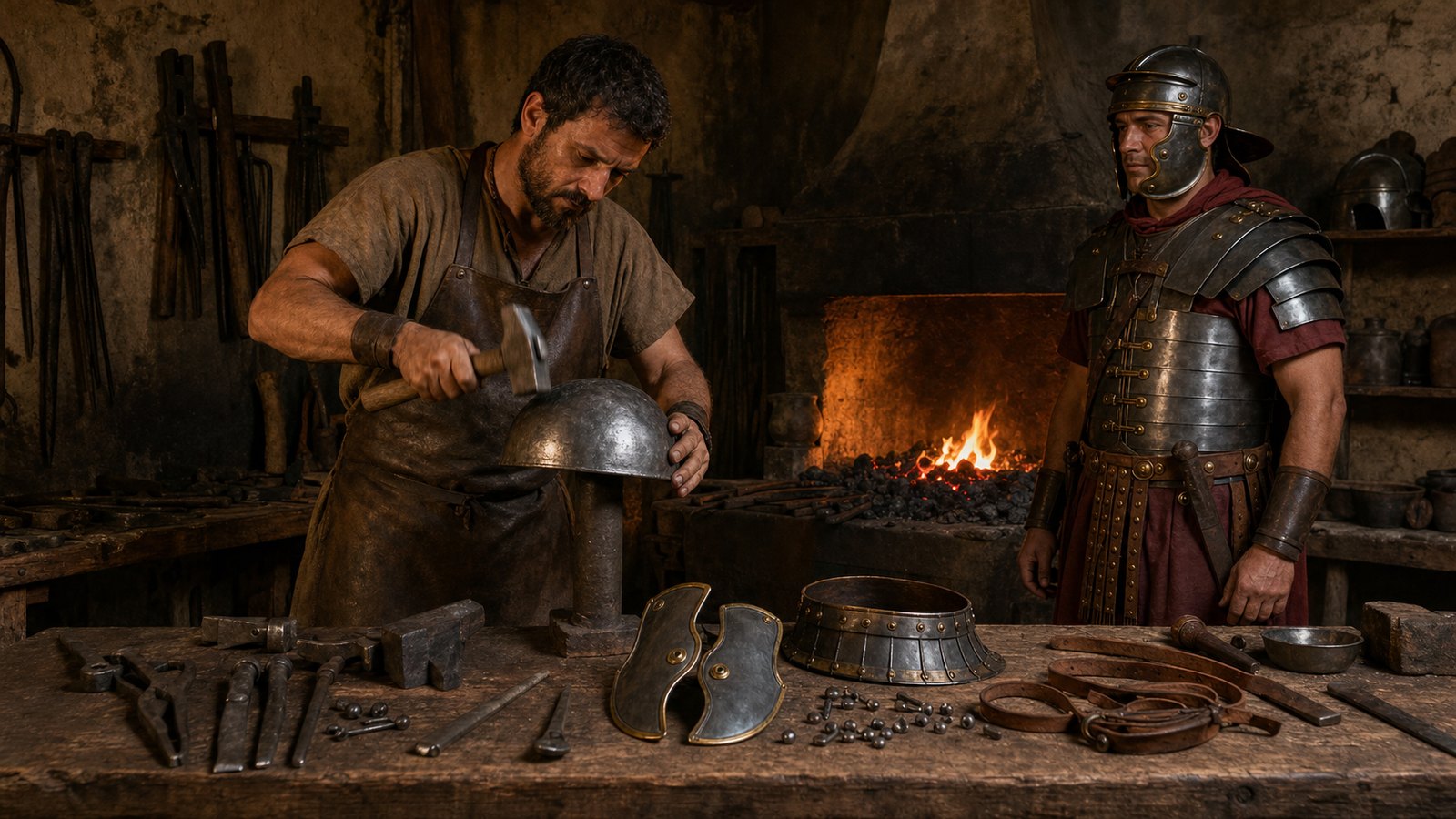 An armorer shaped the helmet bowl and adjusted separate cheek guards, treating hinges and edges as part of protection.