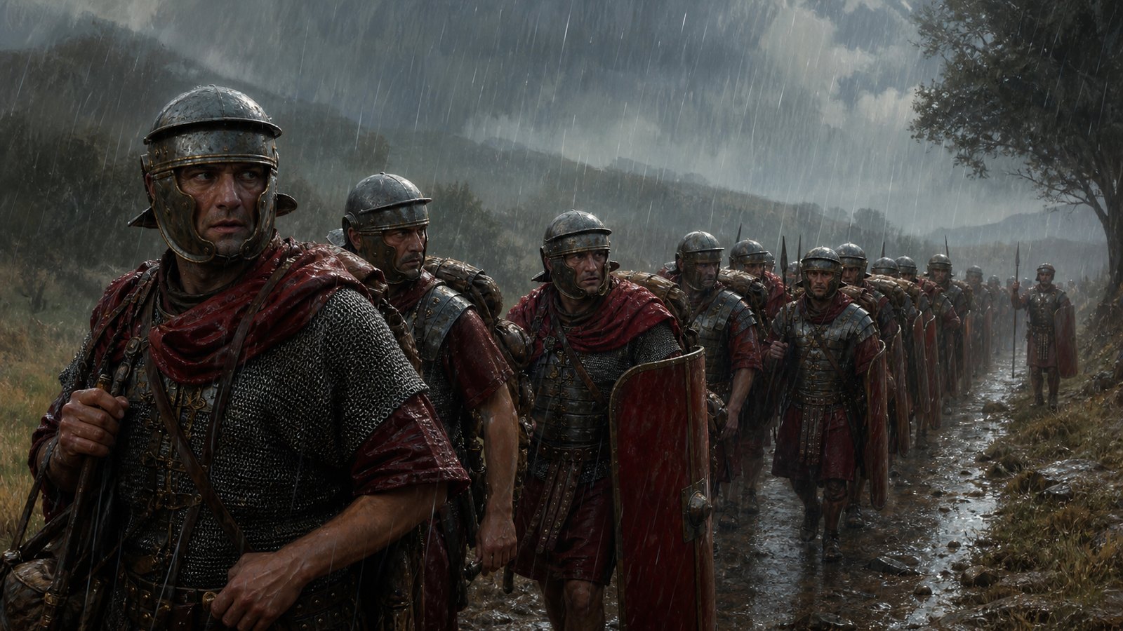 On a wet march, neck guards shed water and cheek pieces protected the face while legionaries still needed to hear and look sideways.