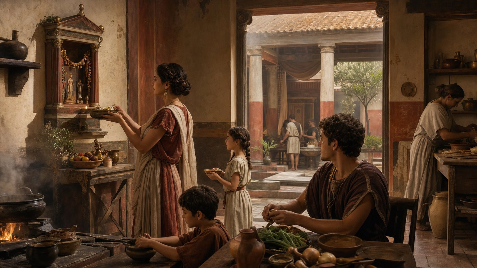 Food and wine belonged among the offerings associated with domestic practice, while accounts also place images of the Lares at family meals.