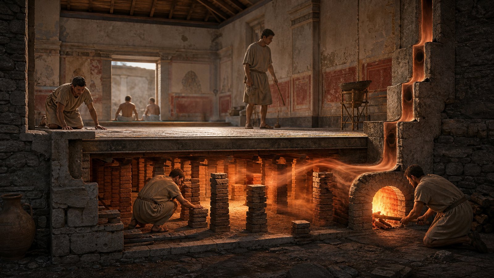 Rows of brick pilae supported a suspended floor while furnace gases crossed the open void and entered hollow wall flues.