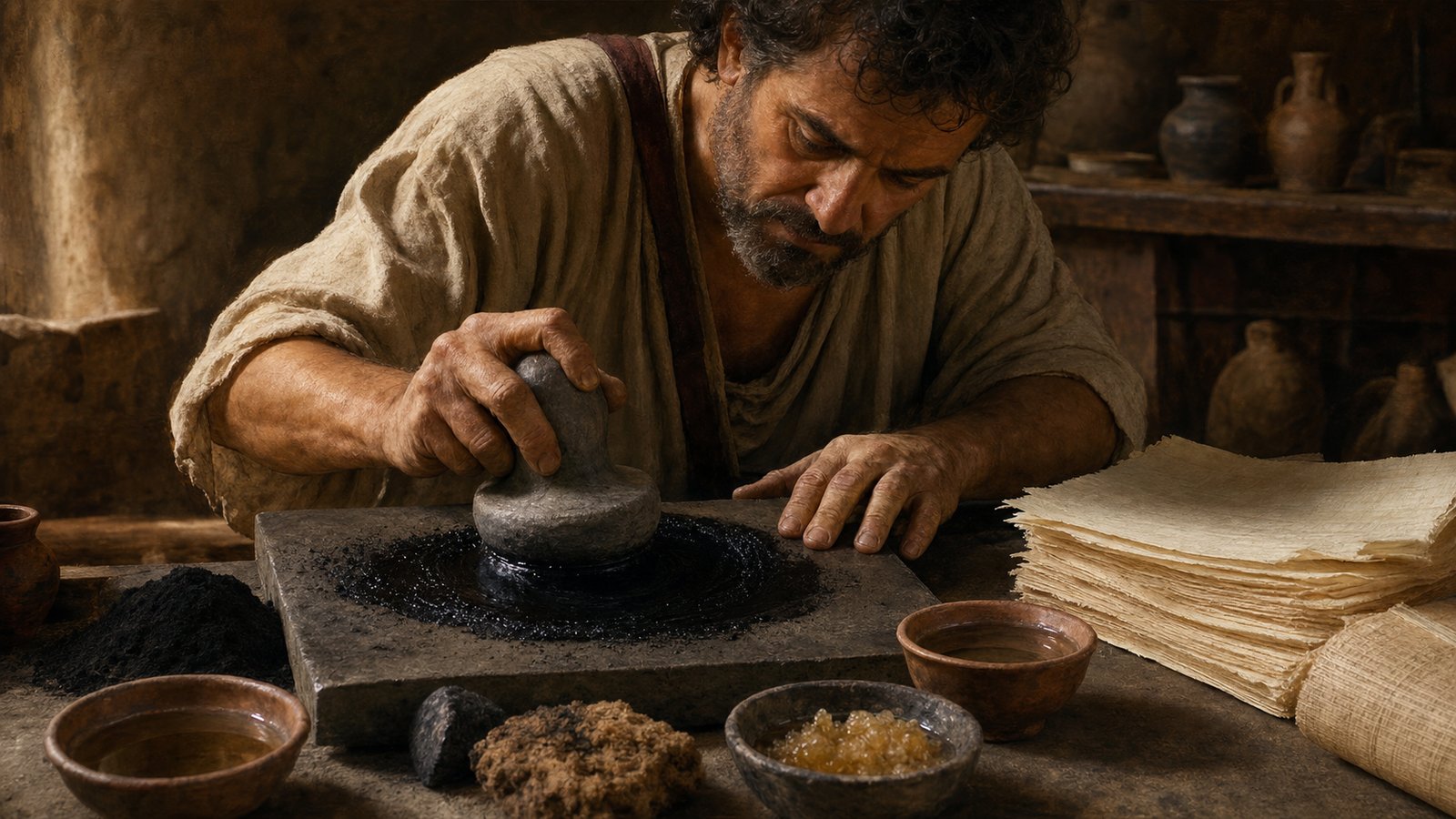 An ink maker scrapes fine lampblack from a soot-collecting cover and grinds it with plant gum on a clean stone slab.