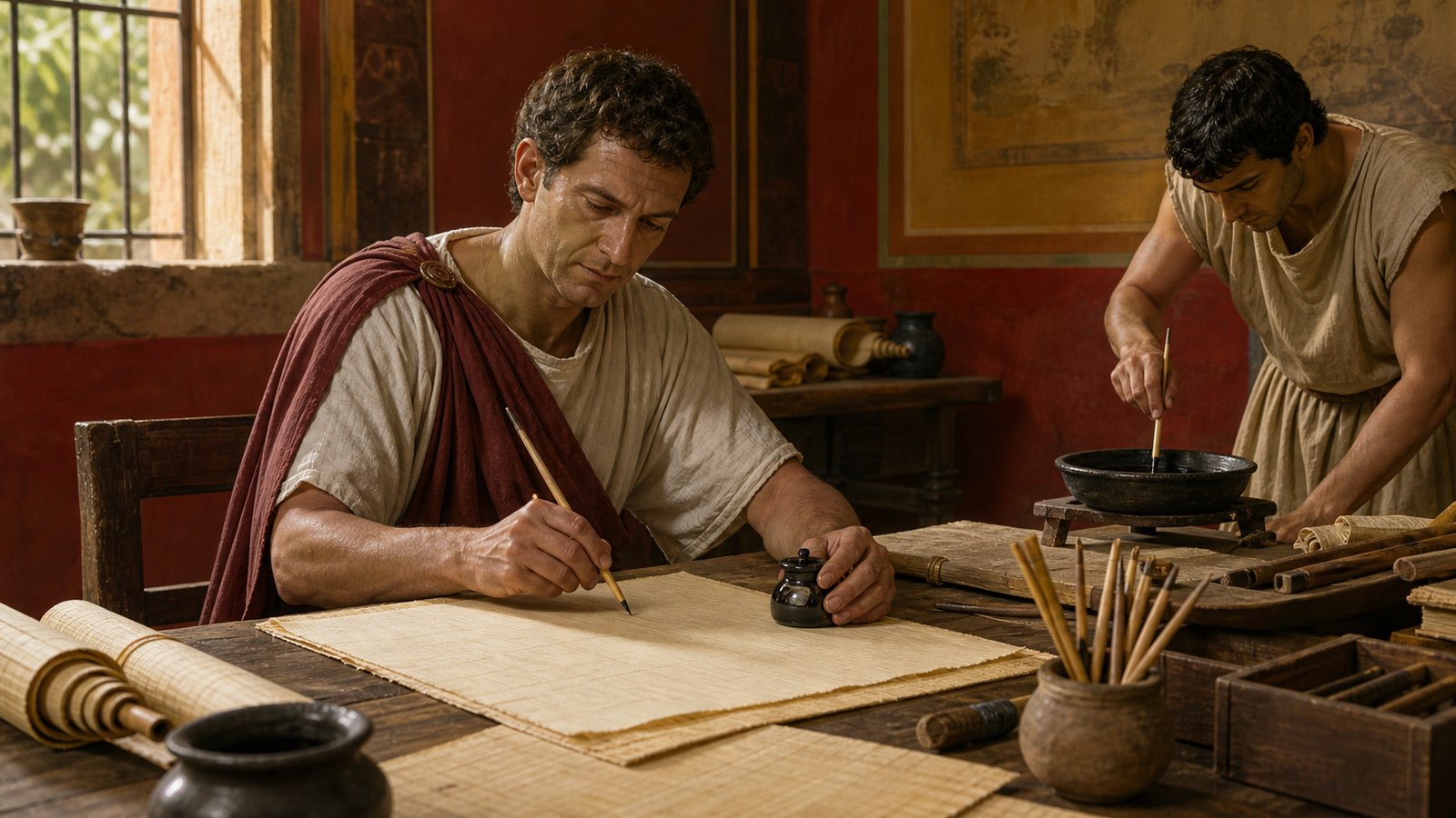 At a writing table, a scribe tests carbon ink from a small inkwell on papyrus, adjusting the suspension before continuing.