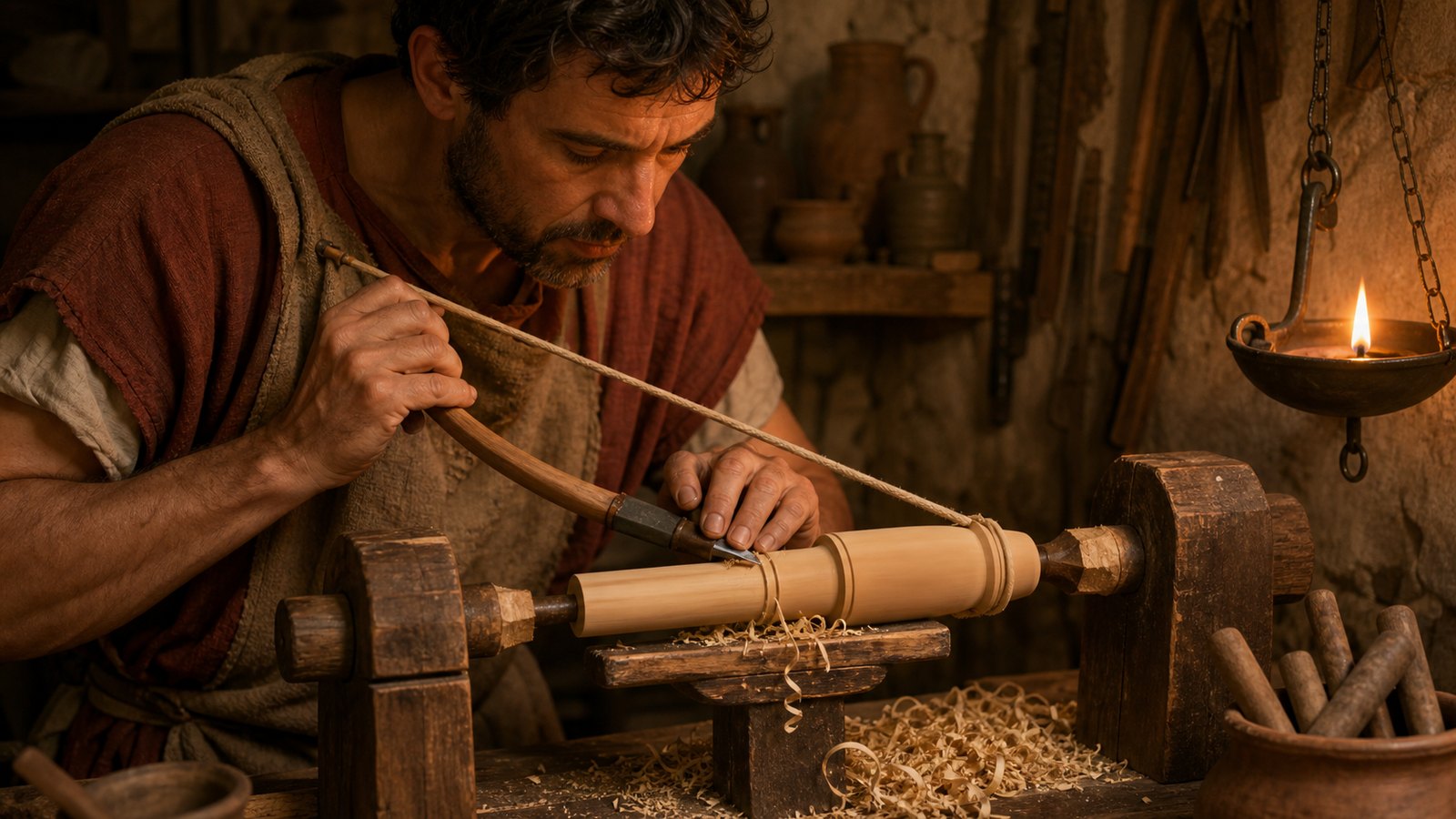 A Roman-era turner steadies a gouge as a cord-driven wooden blank reverses between two fixed centres; polygonal corners remain near the waste pivots.