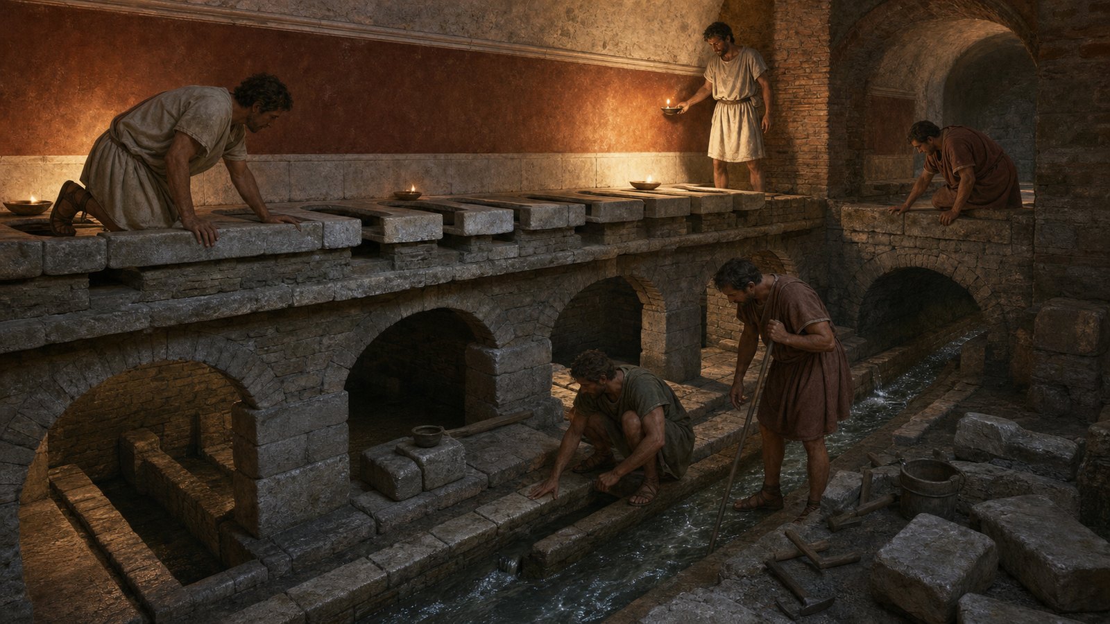 Beneath the seating, water channels and drains turned a shared room into one node of a larger sanitation route.