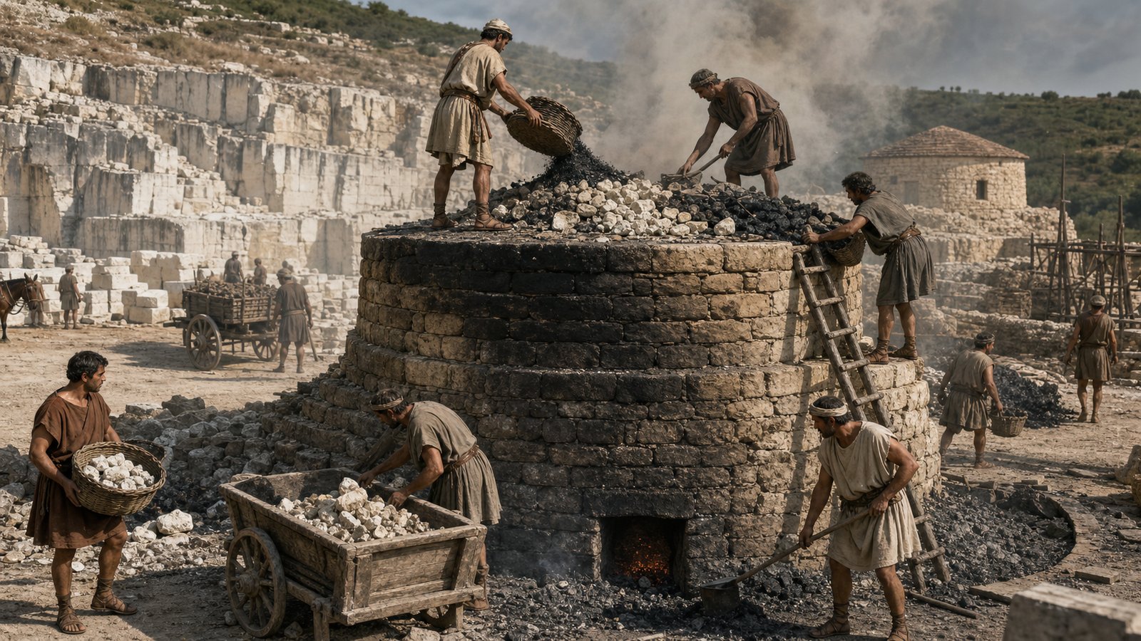 Lime burners load selected limestone and fuel into a draft kiln whose masonry shell holds the heat.
