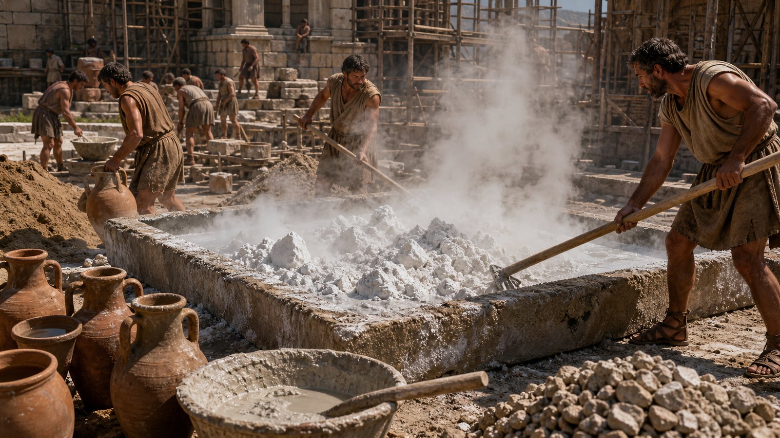 Workers slake quicklime in a prepared basin as steam rises before the binder is mixed with sand.