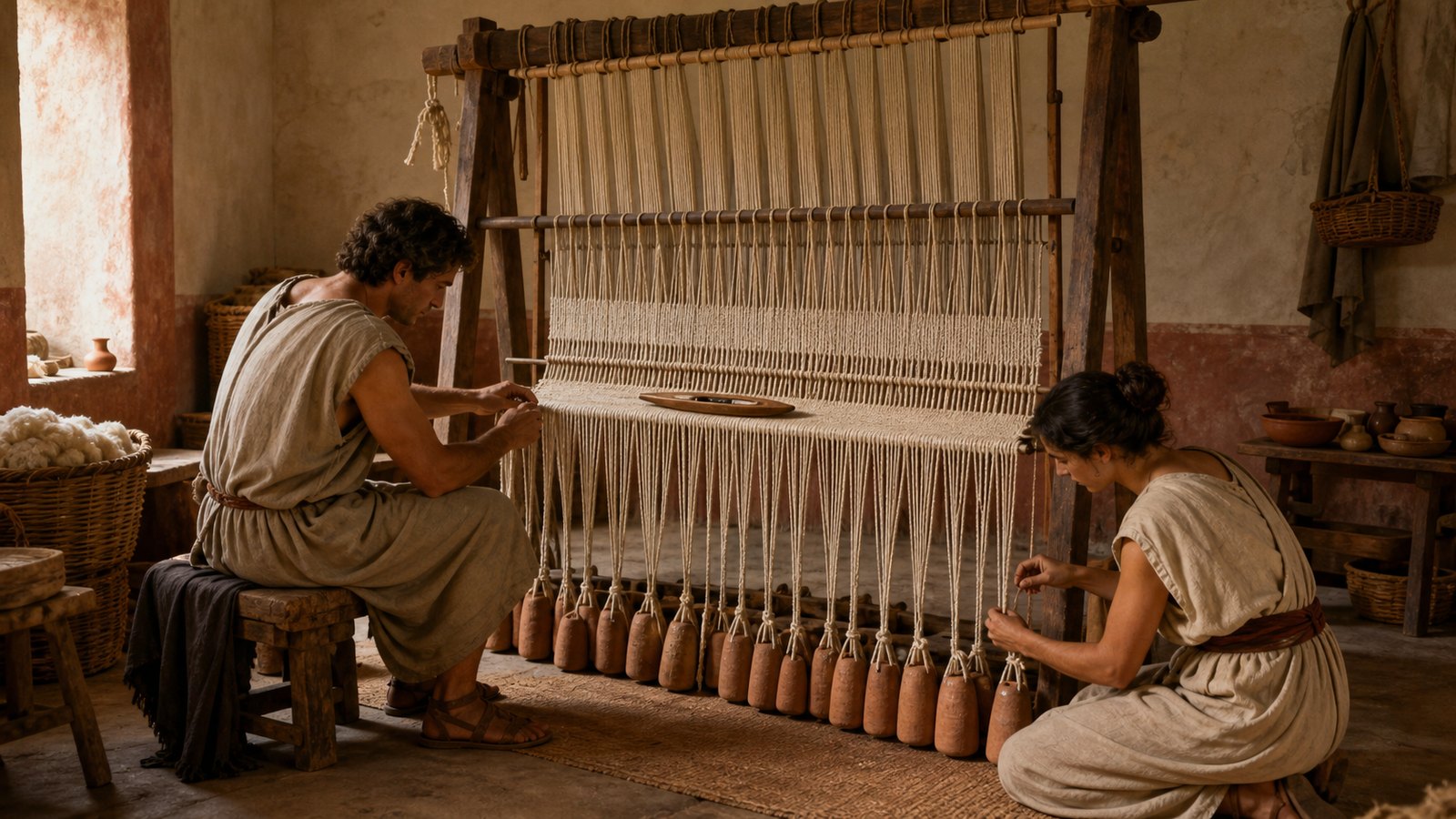 Clay loom weights pull grouped warp threads downward while a weaver checks their tension before passing the weft.