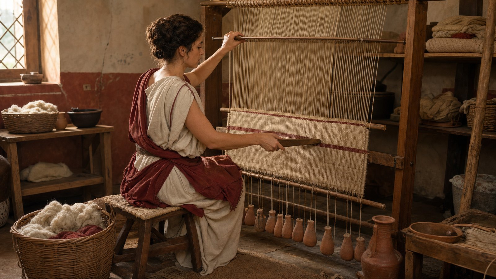 A weaver opens the shed with a heddle rod and beats a new weft row against the growing wool cloth.