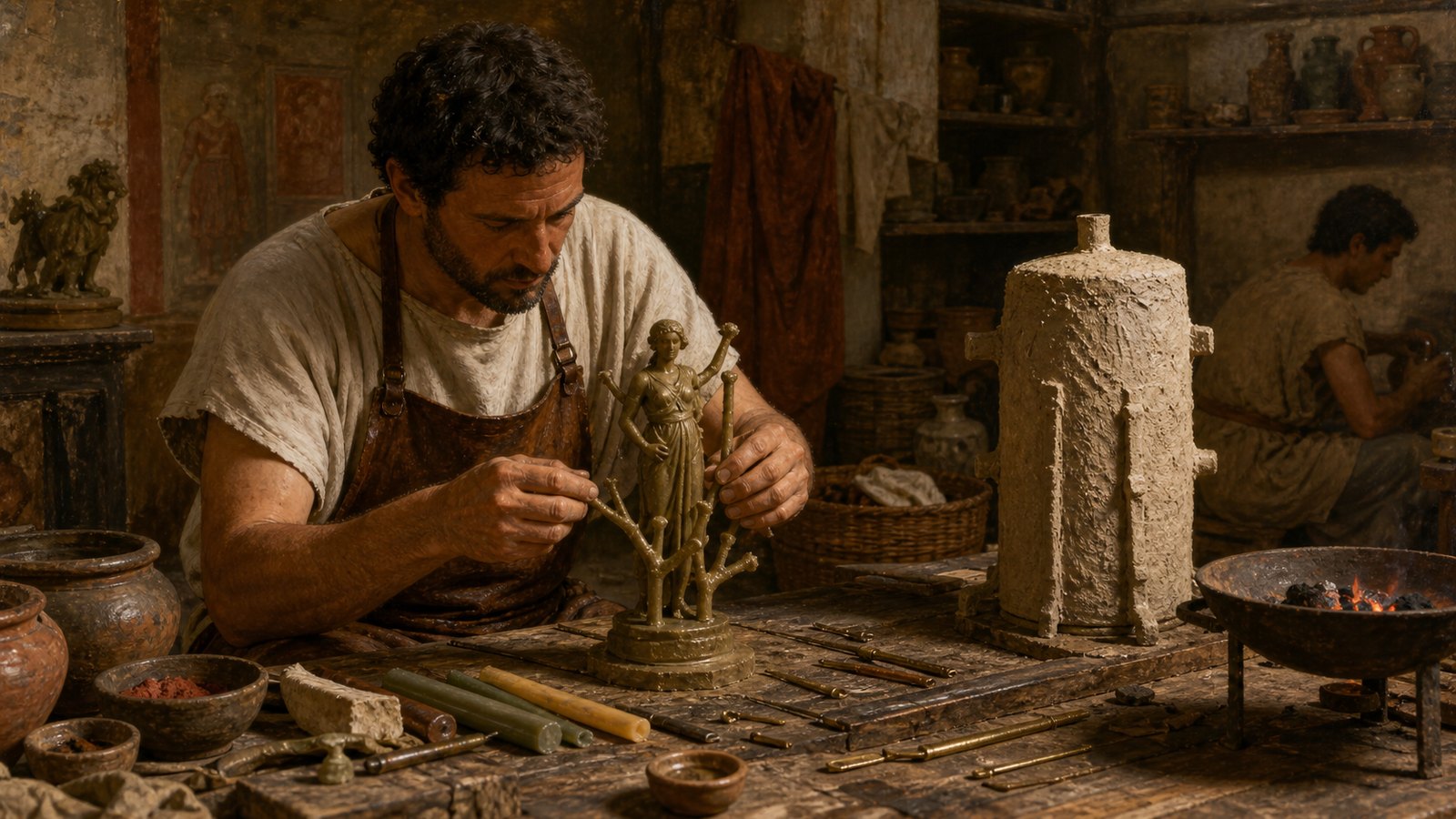 An artisan attaches branching wax channels to a detailed model before building the refractory investment.