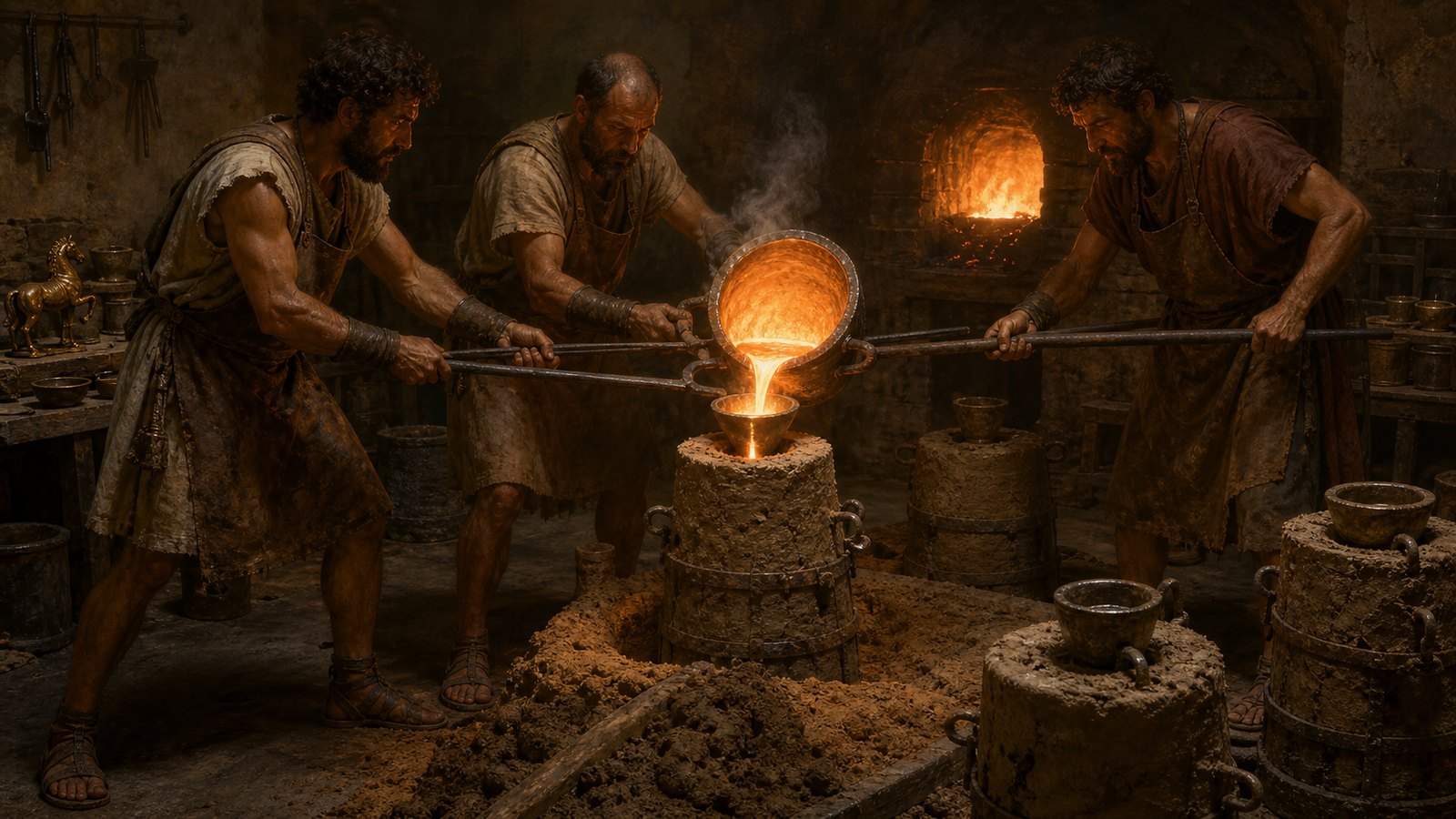 Roman casters coordinate a glowing bronze pour into the fired mold while vents and sprues control the fill.