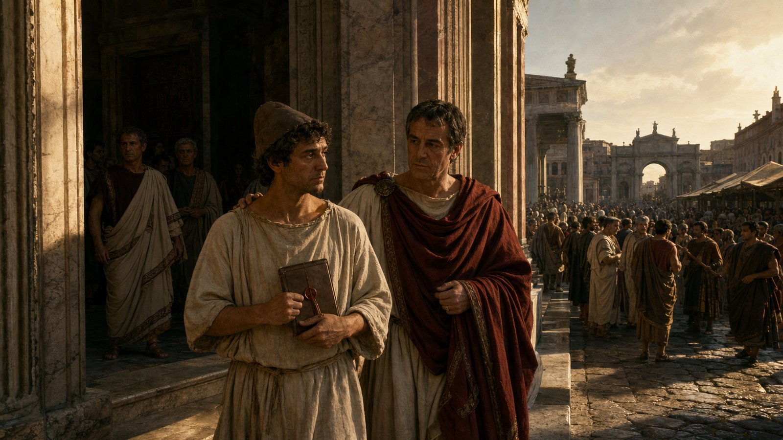 A newly freed Roman leaves the basilica with a sealed record while the former owner remains beside him as patron.